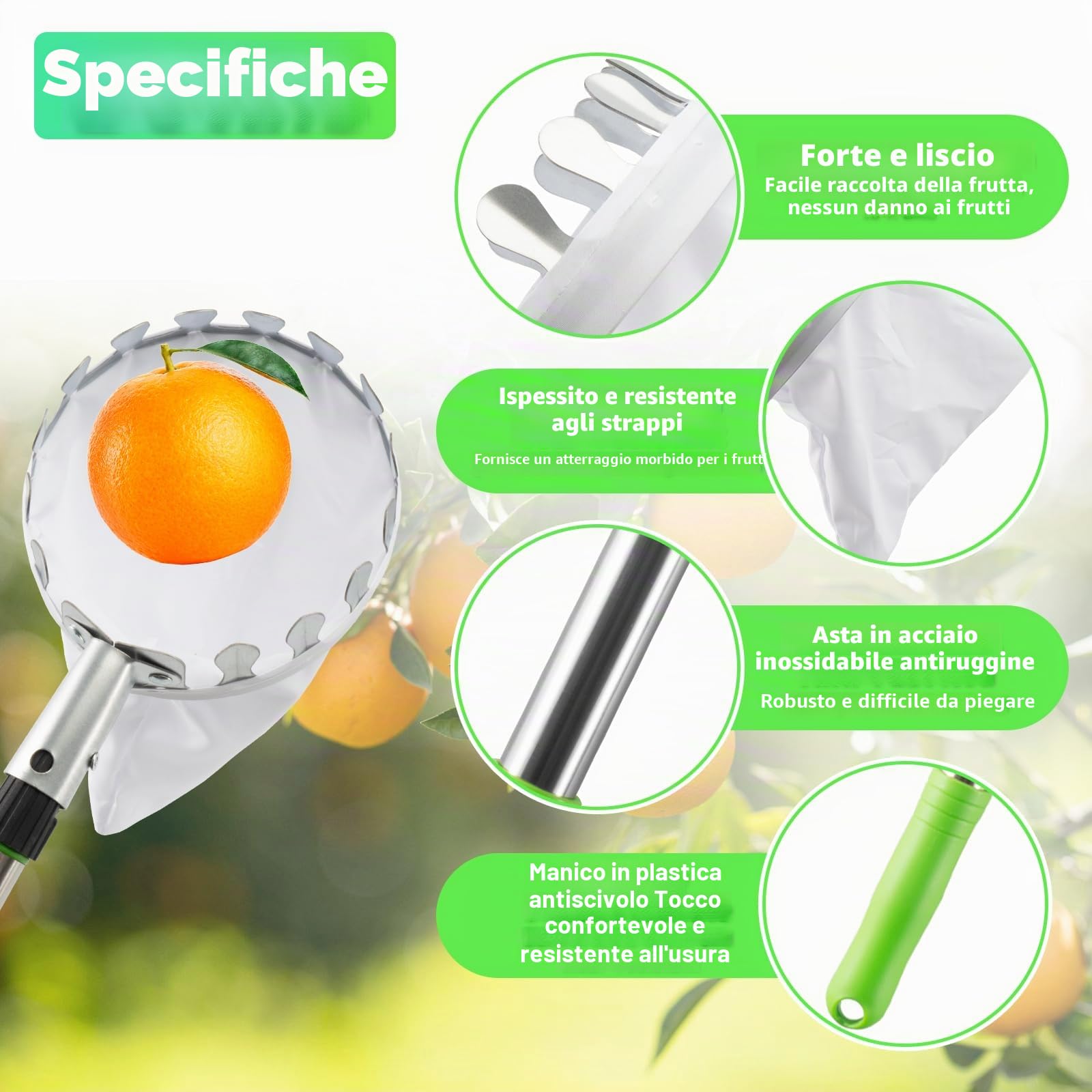 KOMABLEN 4M Raccogli Frutta Telescopico, Raccogli Cachi in Acciaio Inox e Borsa in Cotone, Raccoglifrutta Regolabile, Raccogli Frutta da Albero per Limoni Mele Pere Arance