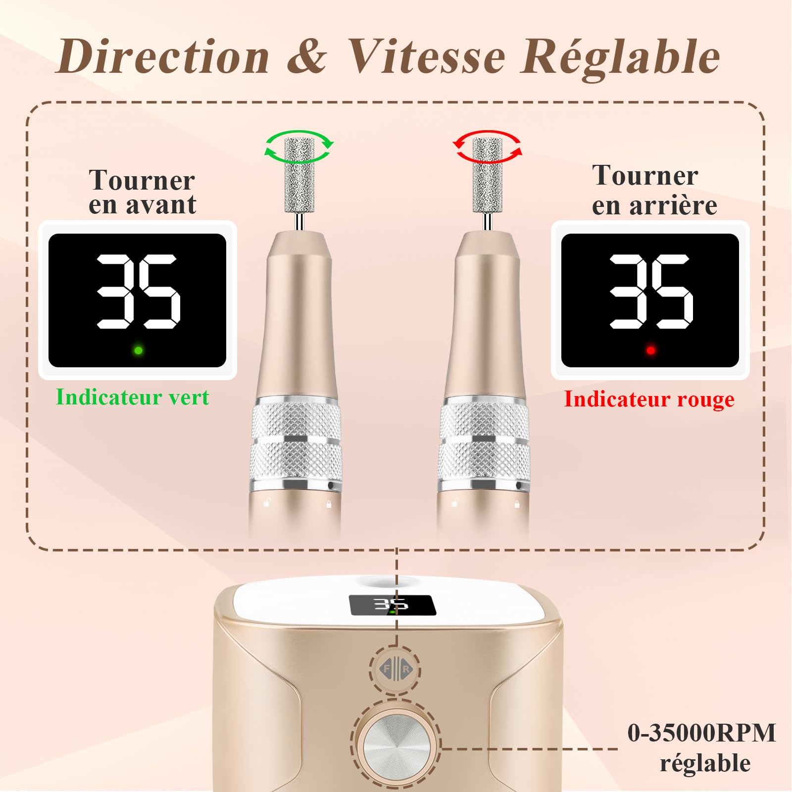 Kredioo Ponceuse pour Ongles Electrique 35000 Tours avec Affichage LED et 11 Embouts Céramique pour Manucure Pédicure Retirer Vernis Gel