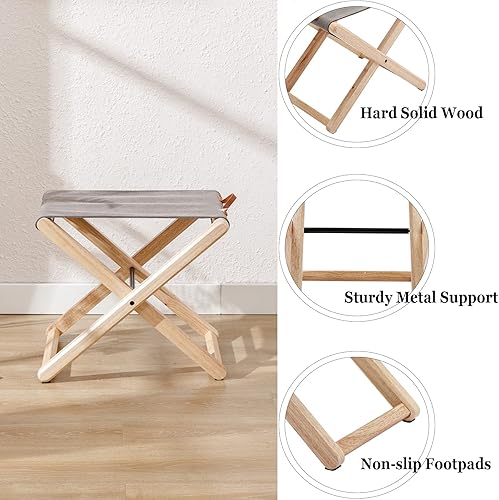 Miniatura 4 de Juego de 2 taburetes plegables de madera, de madera dura, de 18.5 pulgadas, taburete plegable portátil de pesca con soporte de metal resistente,