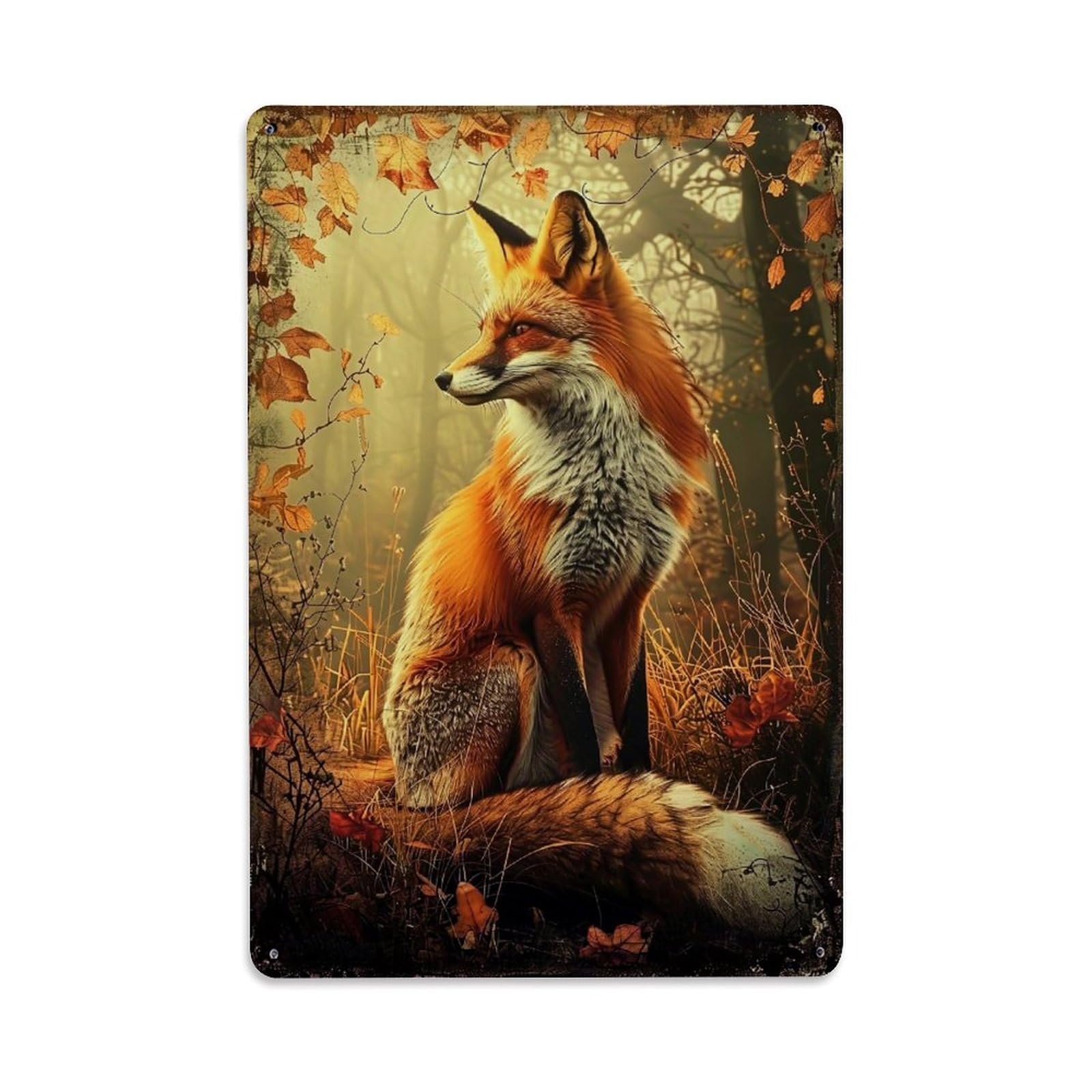 Bliveurn Vintage Autumn Fox In Forest Scene Retro Metal Tin Sign, Metal Poster For Home, Gaming Room, Studio Workshop,Bar,Garage Wall Art Decor 8X12 Inch
