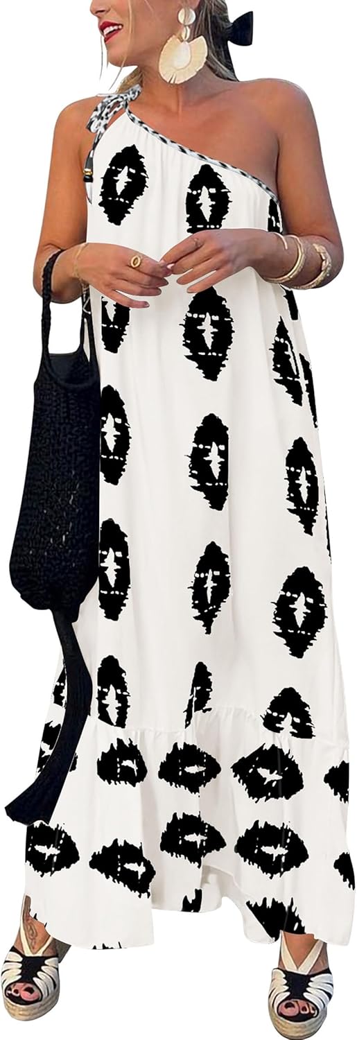 PRETTYGARDEN Women's 2026 Summer One Shoulder Maxi Dress Printed Flowy Boho Long Sundresses Spring Beach Vacation Clothes