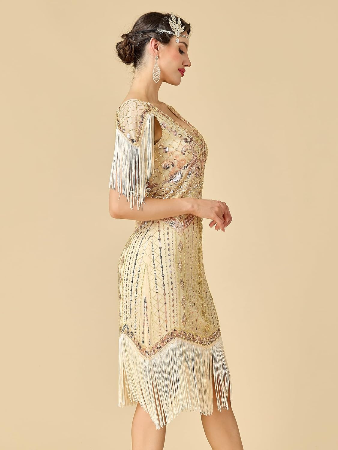 Women's Flapper Dresses 1920s V Neck Beaded Fringed Great Gatsby Dress - Image 3