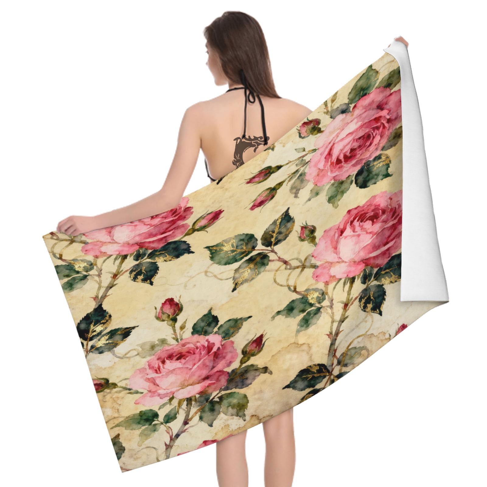 Leichong 3D Watercolor Rose Beach Towel Microfiber Soft Quick Dry for Adults, Shabby Chic Bath Towel Lightweight Soft Absorbent for Travel Swimming Pool Sports, 75 x 150 cm