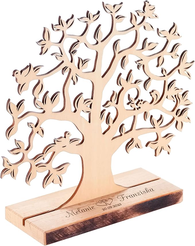 Geldbaum aus Erlenholz mit Gravur zur Hochzeit, Herzen