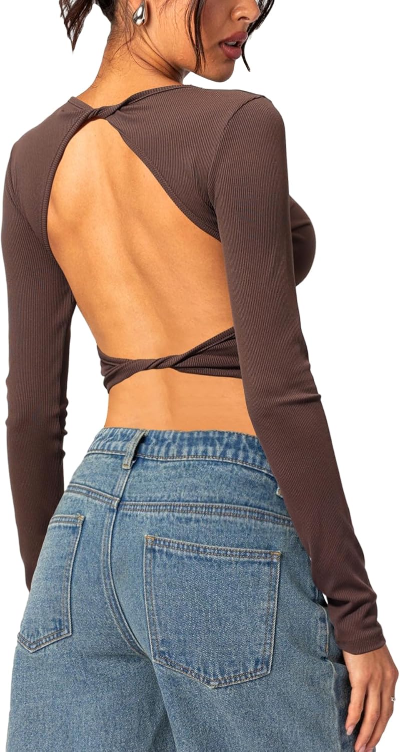 Women Open Back Top Going Out Tops Long Sleeve Ribbed Backless Top Shirt