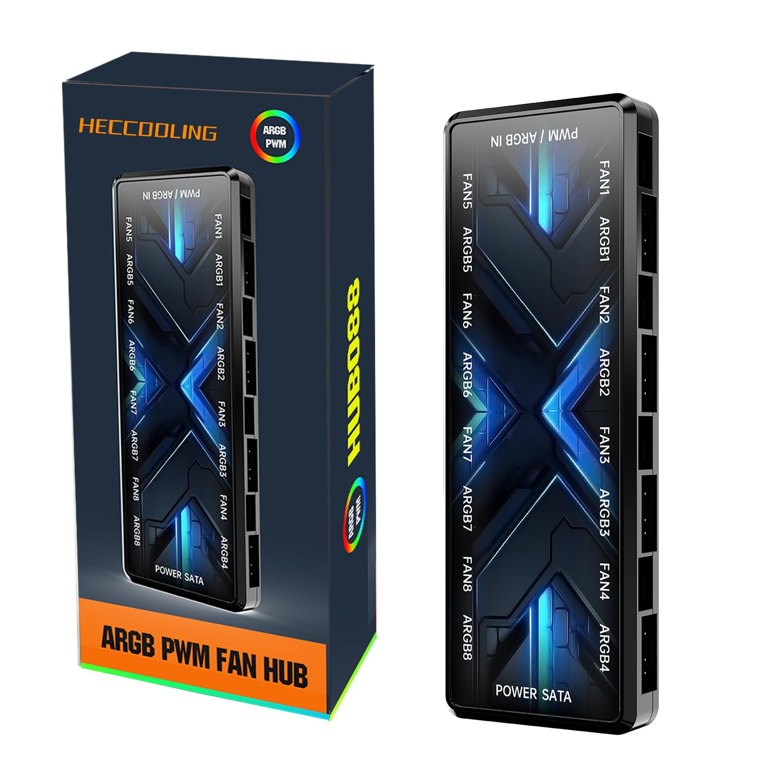 ARGB PWM Fan Hub, Addressable 5V 3PIN 12V 4PIN PWM 2-in-1 RGB Case Fan Hub with Magnetic, PSU SATA Power Input, 8 Port for Fans and 8 Port for LEDs,