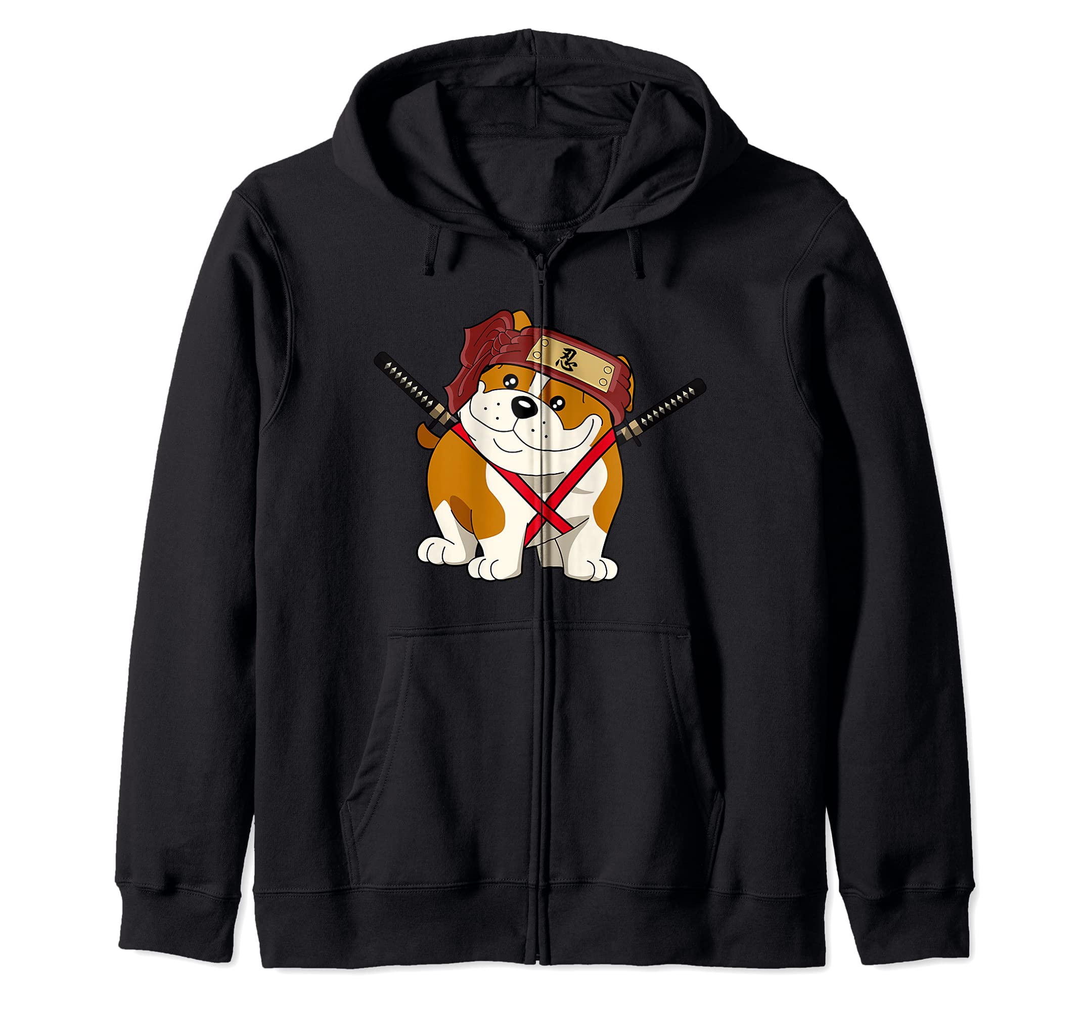 Ninja Bulldog Dog Cute Japanese Anime Easy Halloween Costume Zip Hoodie, Black