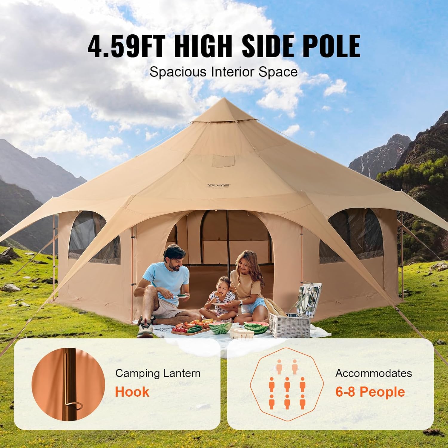 VEVOR Canvas Tent Bell, Yurt 4 Seasons for Camping with Stove Jack, Breathable Holds up to 4 People, Family Camping Outdoor Hunting Party