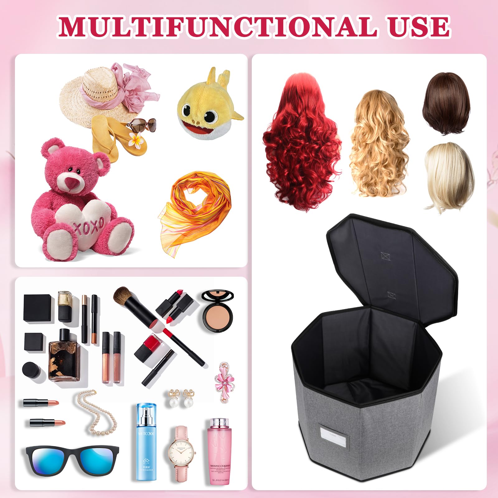 Lukeline Foldable Wig Storage Box with Travel Case and Organizer Pouches