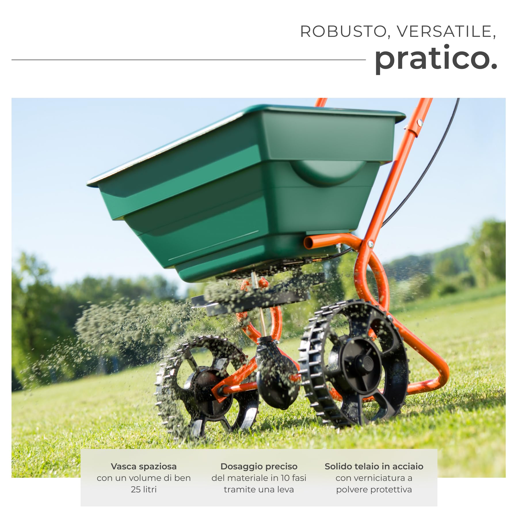 tectake® Carrello con Ruote Portatutto, Carrello Spargitore Volume 25L, Carriola da Giardino per Semi, Concime, Fertilizzante, Sale Antigelo, Manutenzione Inverno e Giardinaggio, Ruote Grandi - Verde