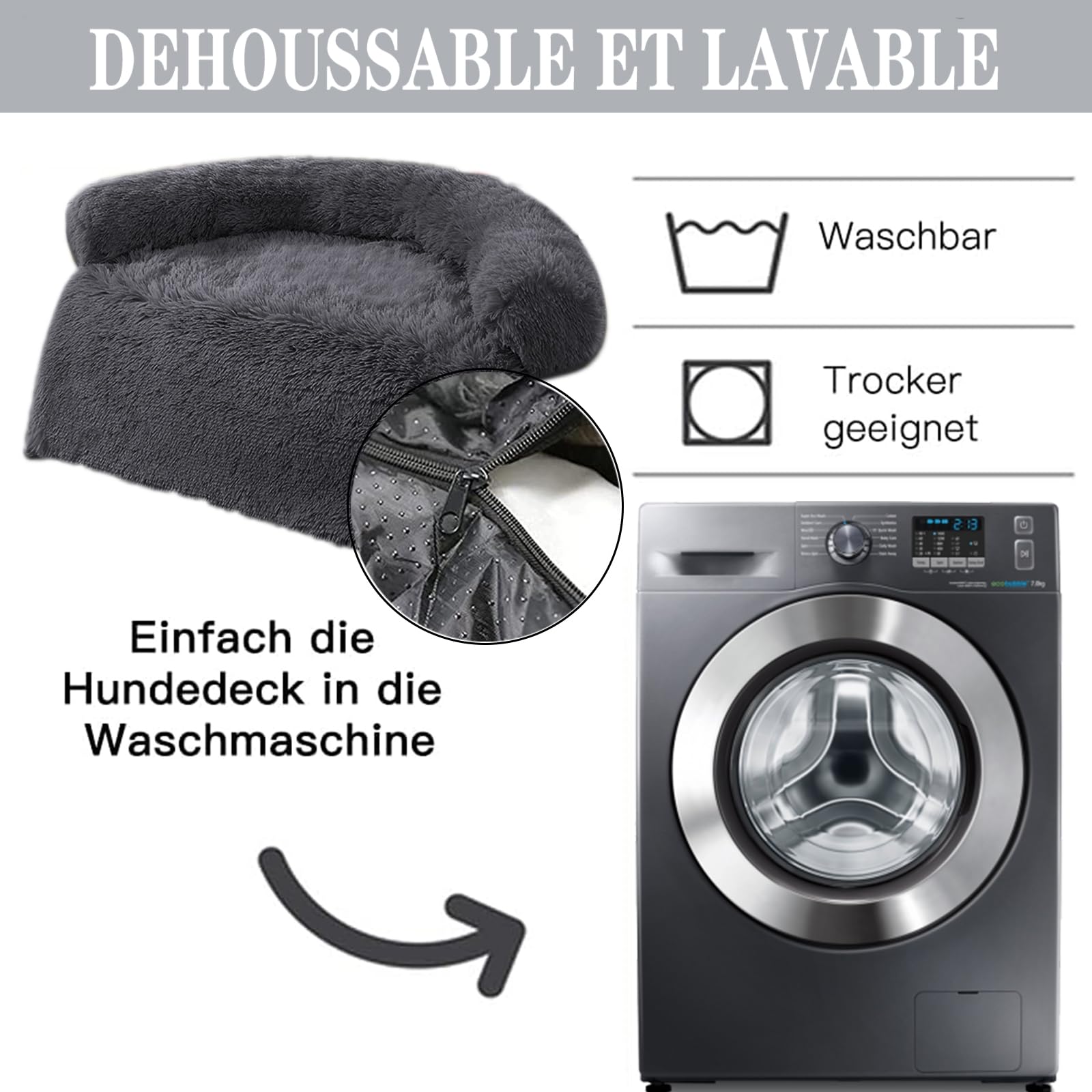 Camas Comfy para Perro, Cestas para Perro Desenfundable, Cojín Suave para Perro Lavable, Alfombra de Peluche para Mascotas, Ideal para Cesta Cama Perro, Niche, Coche (L, Gris)