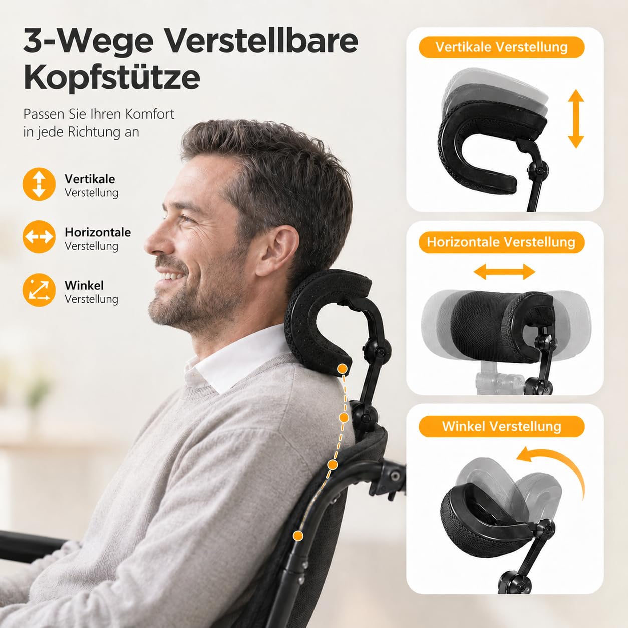 Sedia a rotelle pieghevole con funzione di inclinazione e poggiatesta, per anziani, con braccioli e poggiapiedi regolabili, doppie ruote antiscivolo