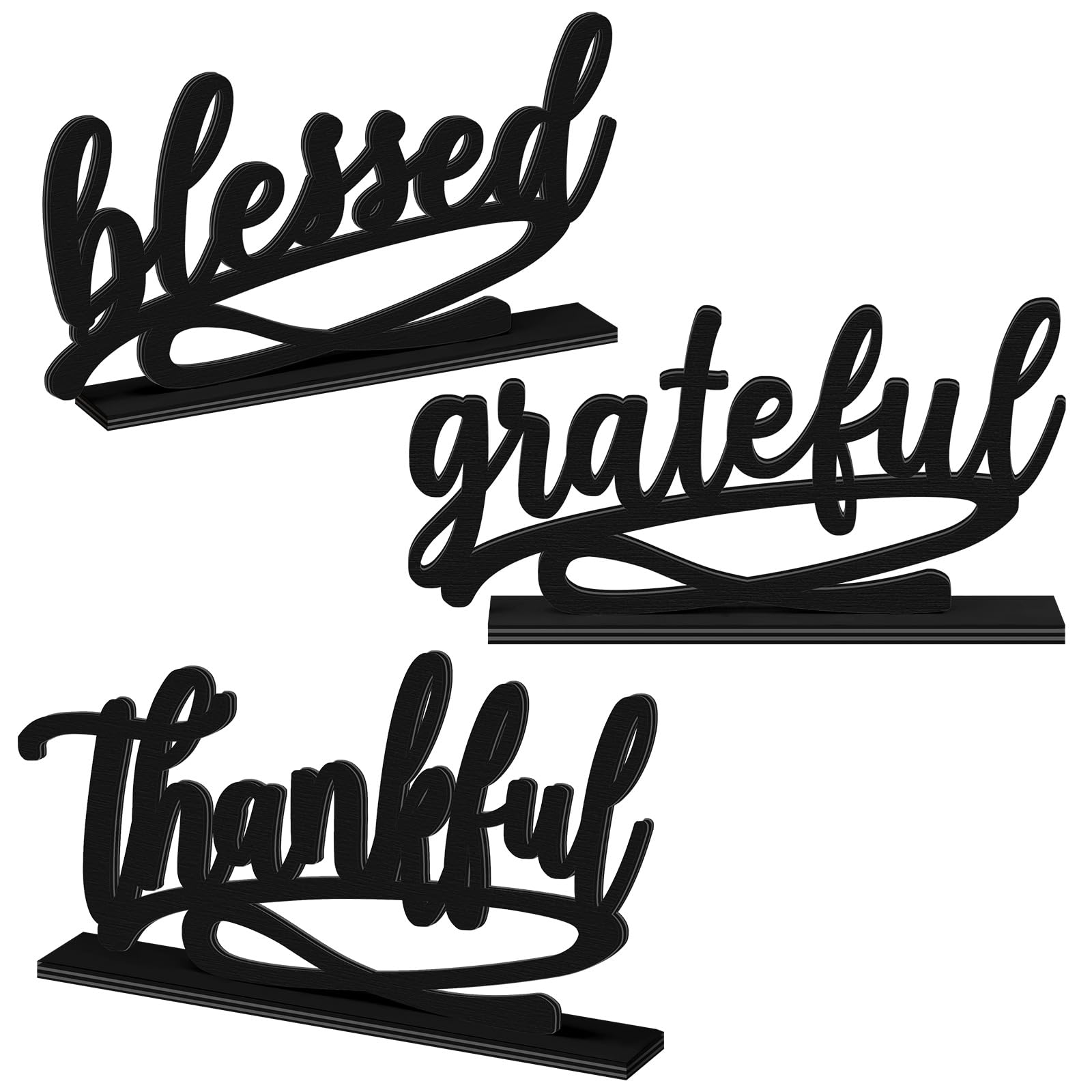 Thanksgiving Wooden Table Signs Set - 3 Piece 'Thankful Grateful Blessed' Rustic Farmhouse Decor In Gold