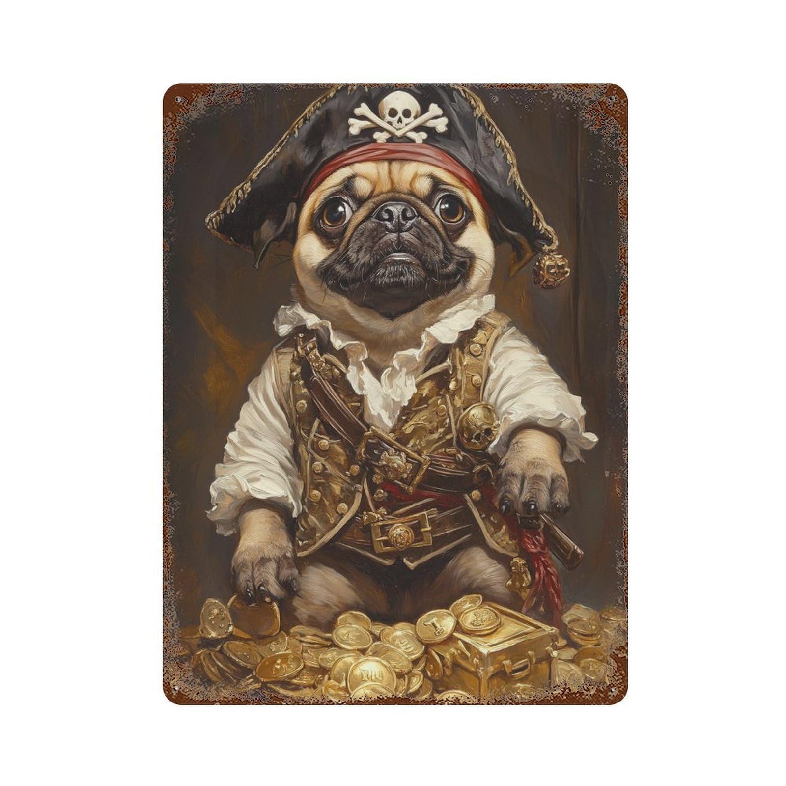 Pug Pirate Treasure Chest-5 Aged Metal Wall Plaque 15.7"x11.8", Ideal for Patio, Garden Room And Bar Decor