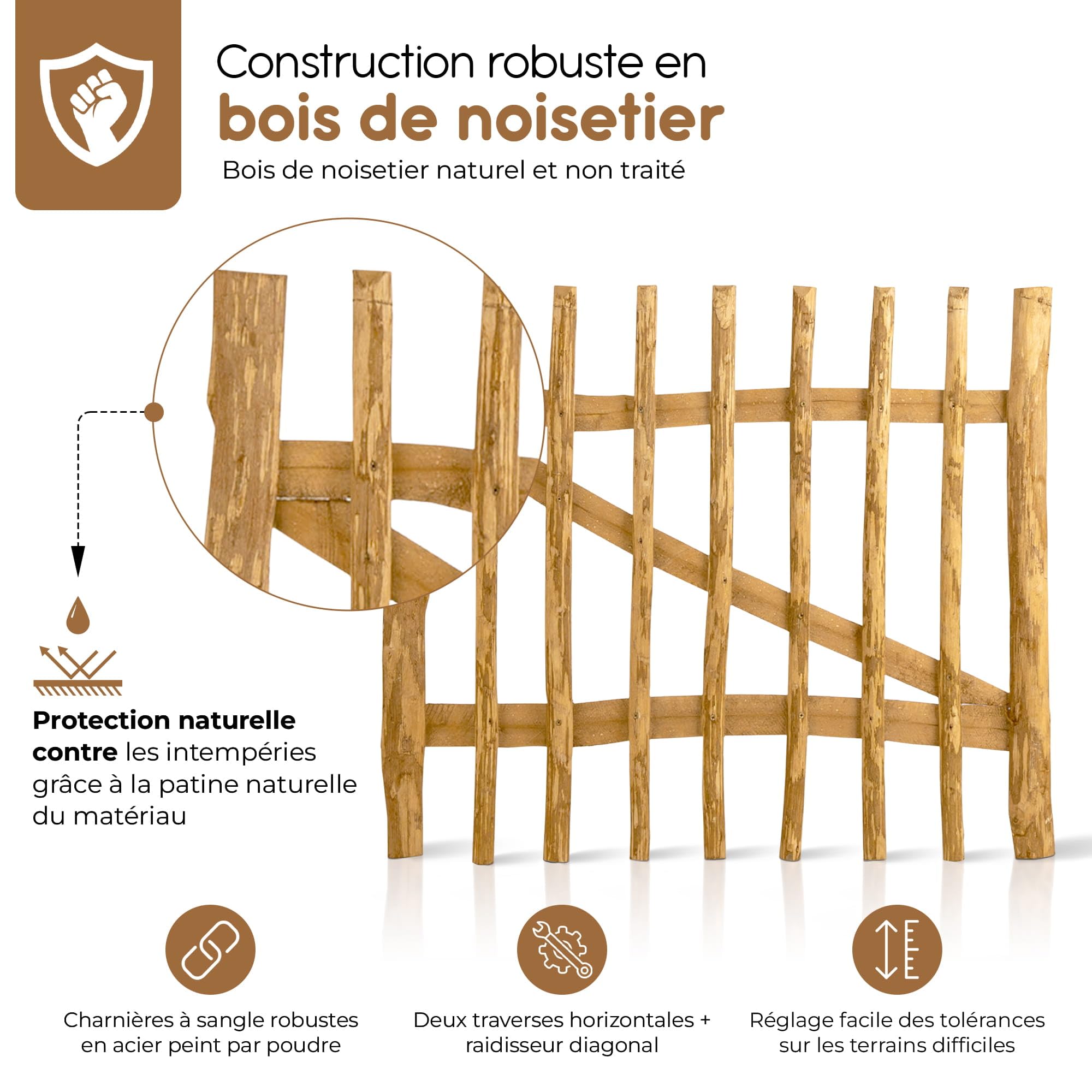 BOOGARDI Portillon de jardin en bois DIY, portail ganivelle en 168 dimensions, 1 vantail ou 2 vantaux, largeur 300 cm x hauteur 120 cm, espacement 7-9 cm