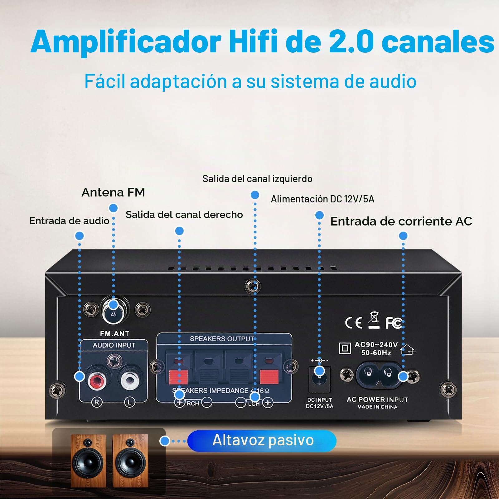 Woopker AK45 PRO Amplificador Audio, 2.0CH Bluetooth 5.0 50Wx2 Salida HiFi Amplificador de Potencia de Audio, Receptor estéreo Amplificador Audio para Cine en Casa, Coche Altavoz W/2 Mic/USB/Radio FM