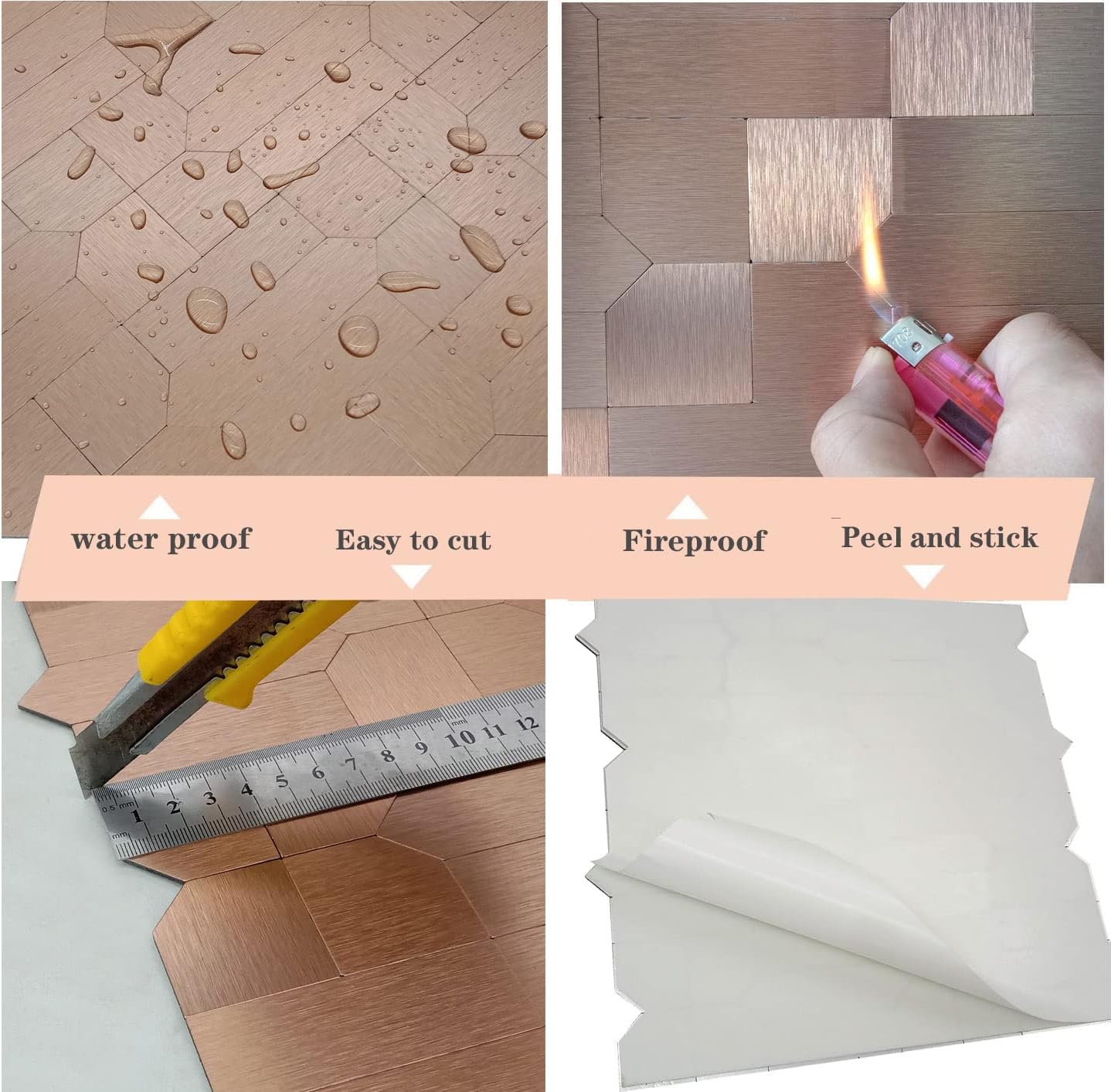 XUANINY 7-Sheet Peel and Stick Metal Backsplash Tiles, Self Adhesive Multiple-Shapes Aluminum Mosaic 3D Wall Sticker for Kitchen Bathroom Decor (7, Brushed Bronze)