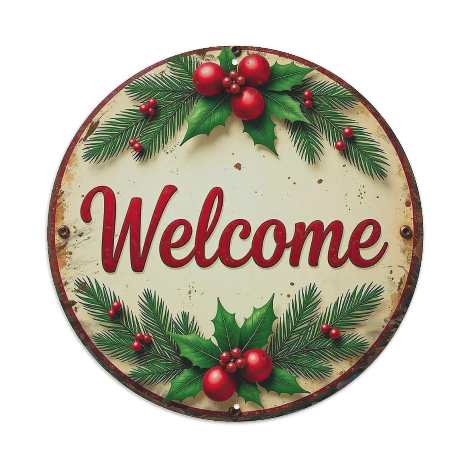 Christmas Holly Berry Welcome Metal Tin Sign