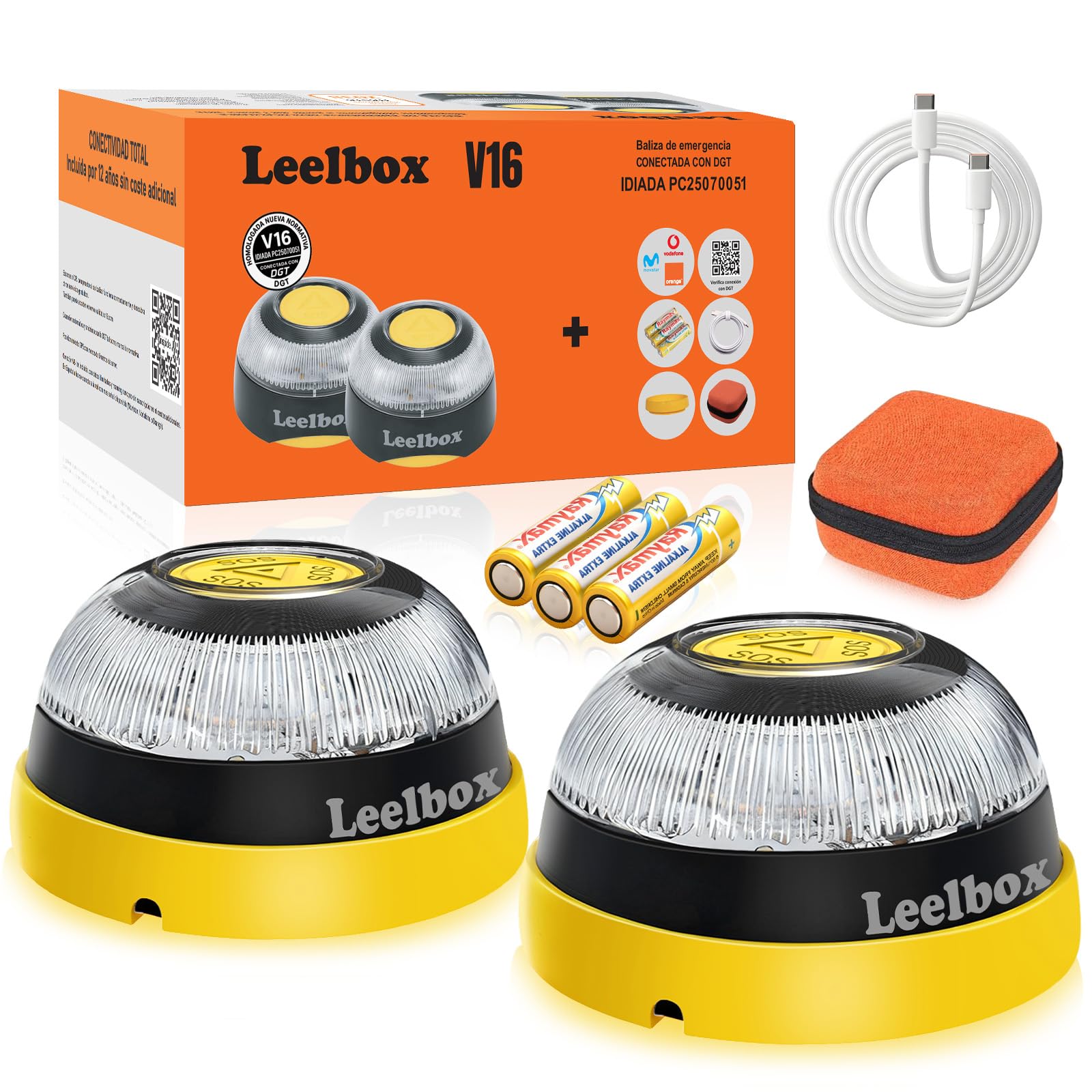 2PCS Baliza V16 Homologada DGT con Geolocalizador, Luz Emergencia Coche Homologado DGT, 3.0 SIM, Base Imantada, Clasificación IP54, Datos Incluidos Hasta 2038
