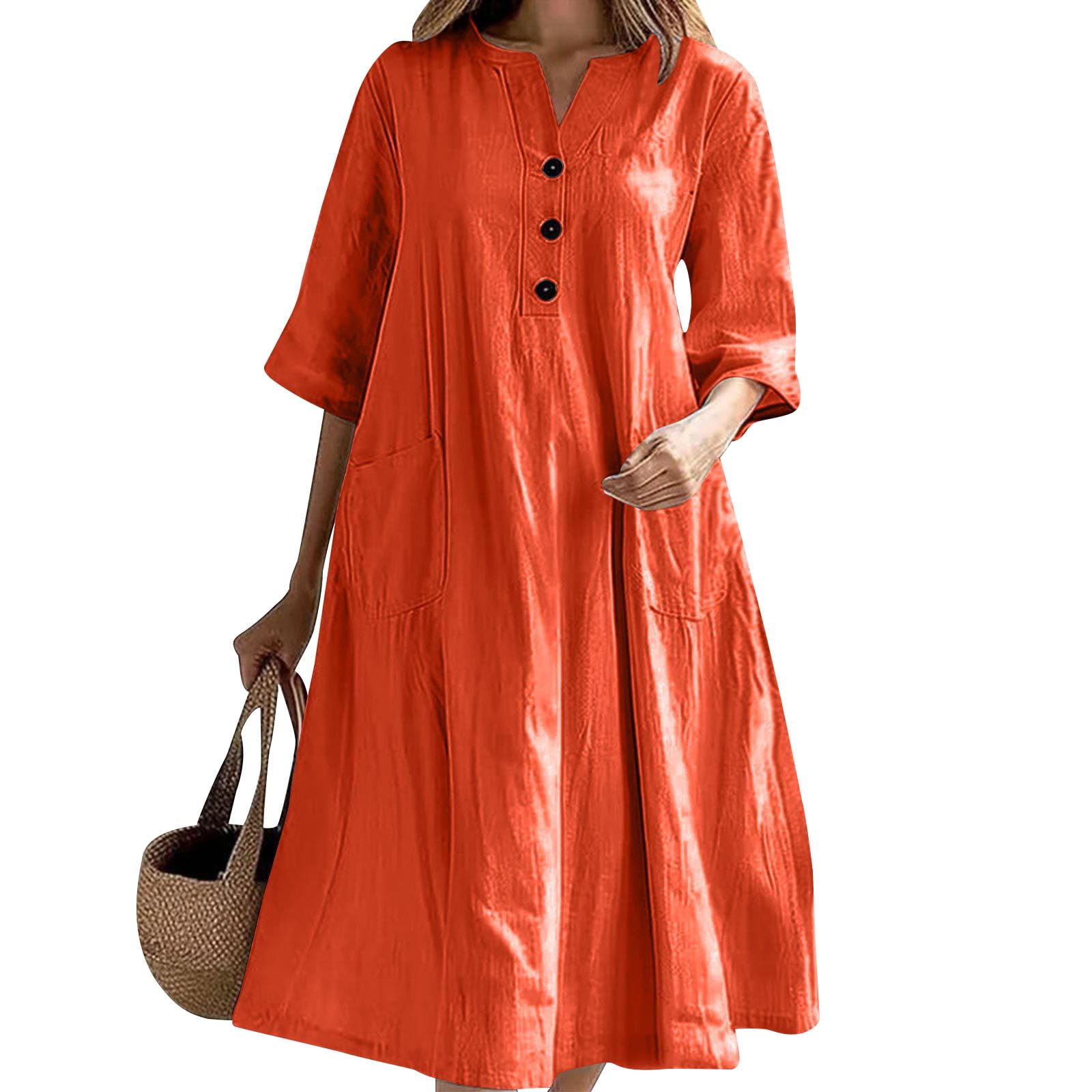 V Neck Half Sleeve Cotton Linen Dress for Women Summer Button Down Baggy Flowy Midi Shirt Dresses with Pockets