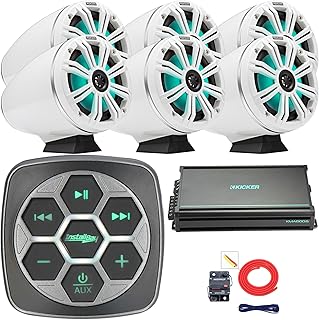 Metra IBBTR19 Marine Bluetooth 3-Zone Controller, 6X 6.5 195 Watt Max Power RGB LED White Tower Boat Speakers W/White Grilles, 6-Channel 50 Watts x 6 Weather-Resistant Class D Amplifier W/Wiring Kit