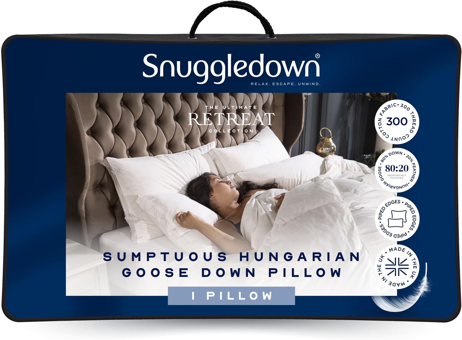 Hungarian Goose Down Pillow - 80:20 Ethically Sourced Fill for Front & Back Sleepers | Luxury Sateen Cotton Cover, UK‑Made, Non-Allergenic & Washable (48 × 74 cm)