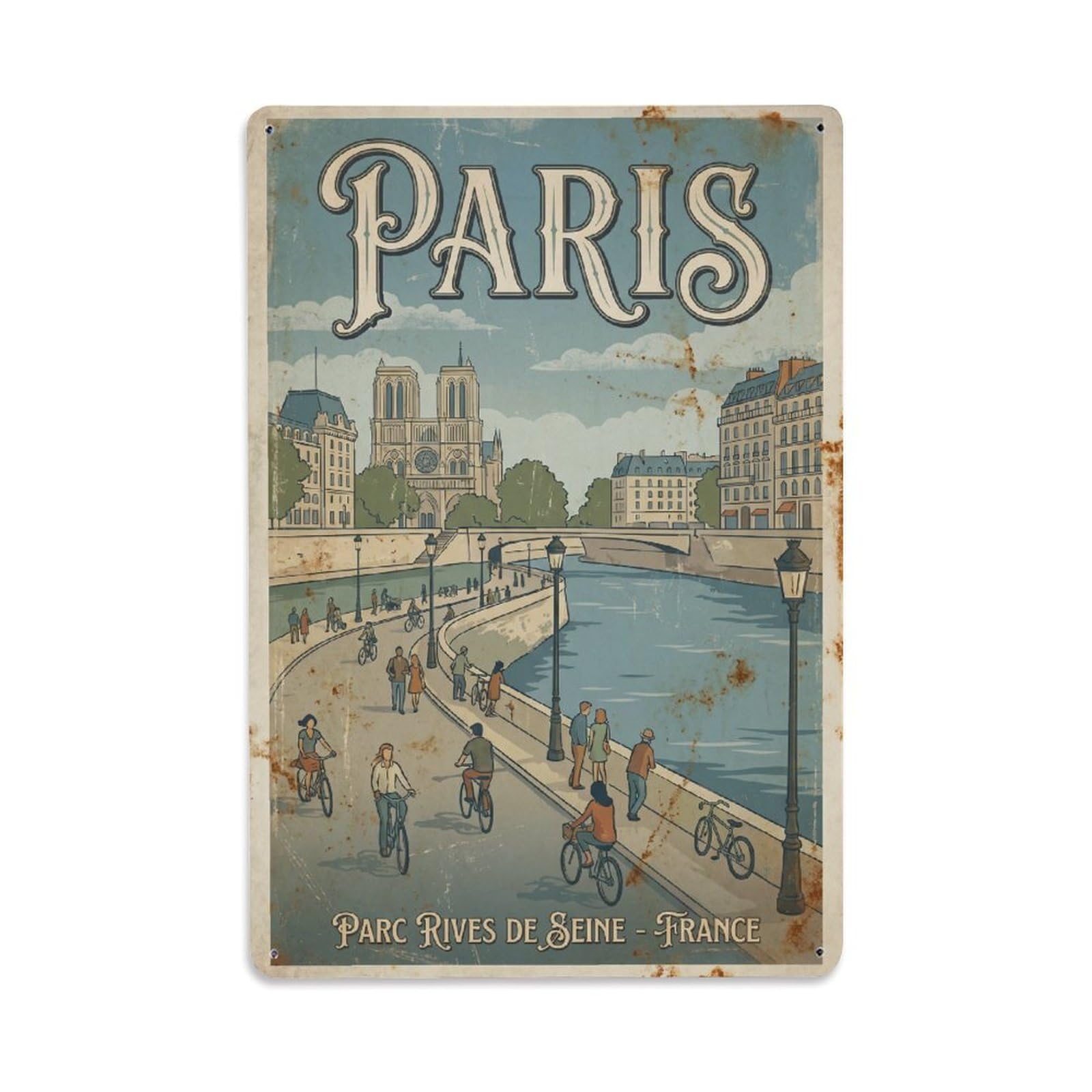 Vintage Travel Paris Parc Rives De Seine Riverbank Rusted France Metal Tin Sign Plaque Wall Decor for Cafe, Club Bar, Office, Home Garden Metal Poster 8x12Inch