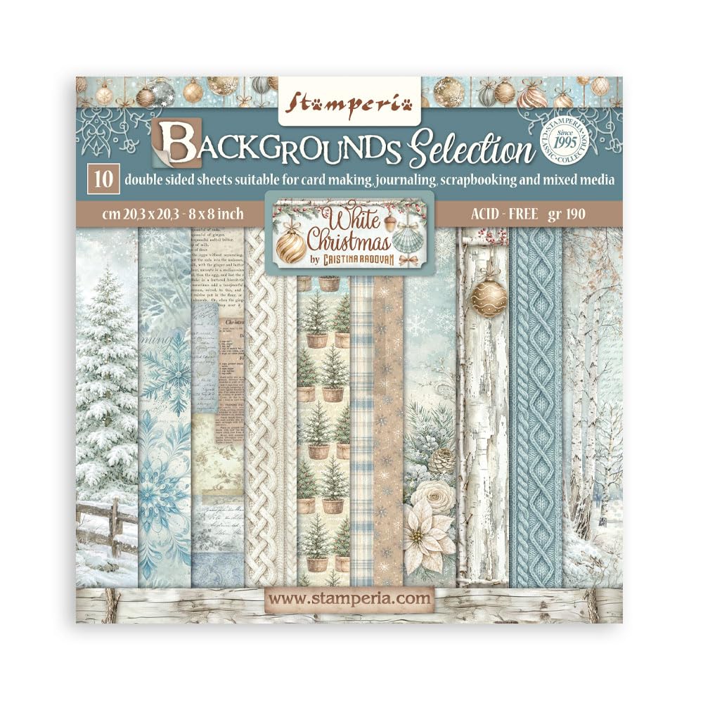 Stamperia - Scrapbook Paper Pad for Scrapbooks, Albums, Cards, Bullet Journals and More, Acid Free, Lignin Free (White Christmas Background Selection) (20.3 x 20.3cm)
