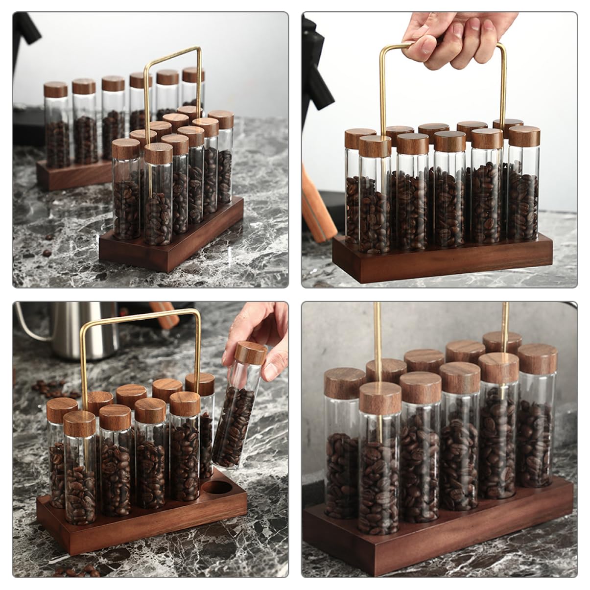 Happyyami Kaffeebohnen Behälter aus Glas mit Holzständer Kaffeebohnenröhre zur Frischebewahrung für Küche und Wohnung