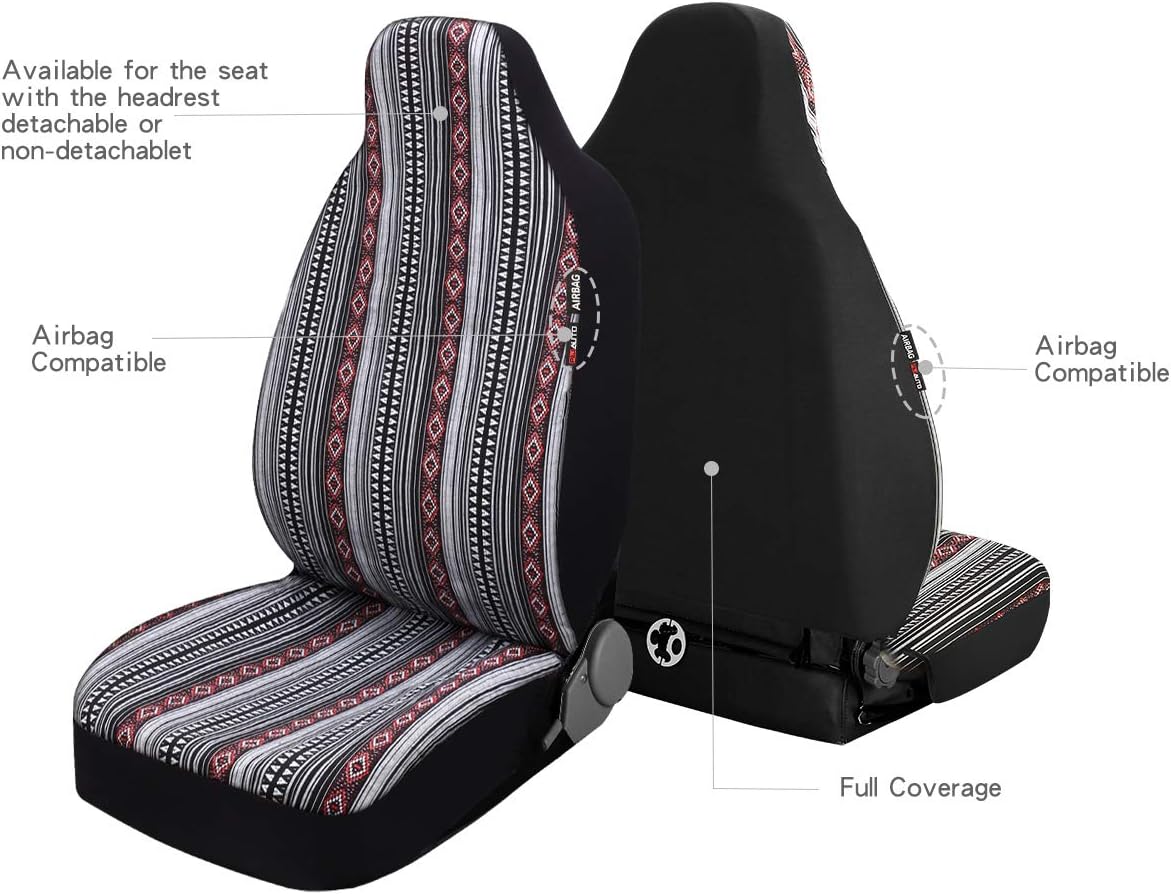 P&J Baja Blanket High Back Car Seat Covers Strips Boho Designs Integrated Bucket Universal Size Fit for Most Cars SUVs Trucks Vans Woven and Comfortable Fabric Full Set Pack 8pcs Black and Red Color