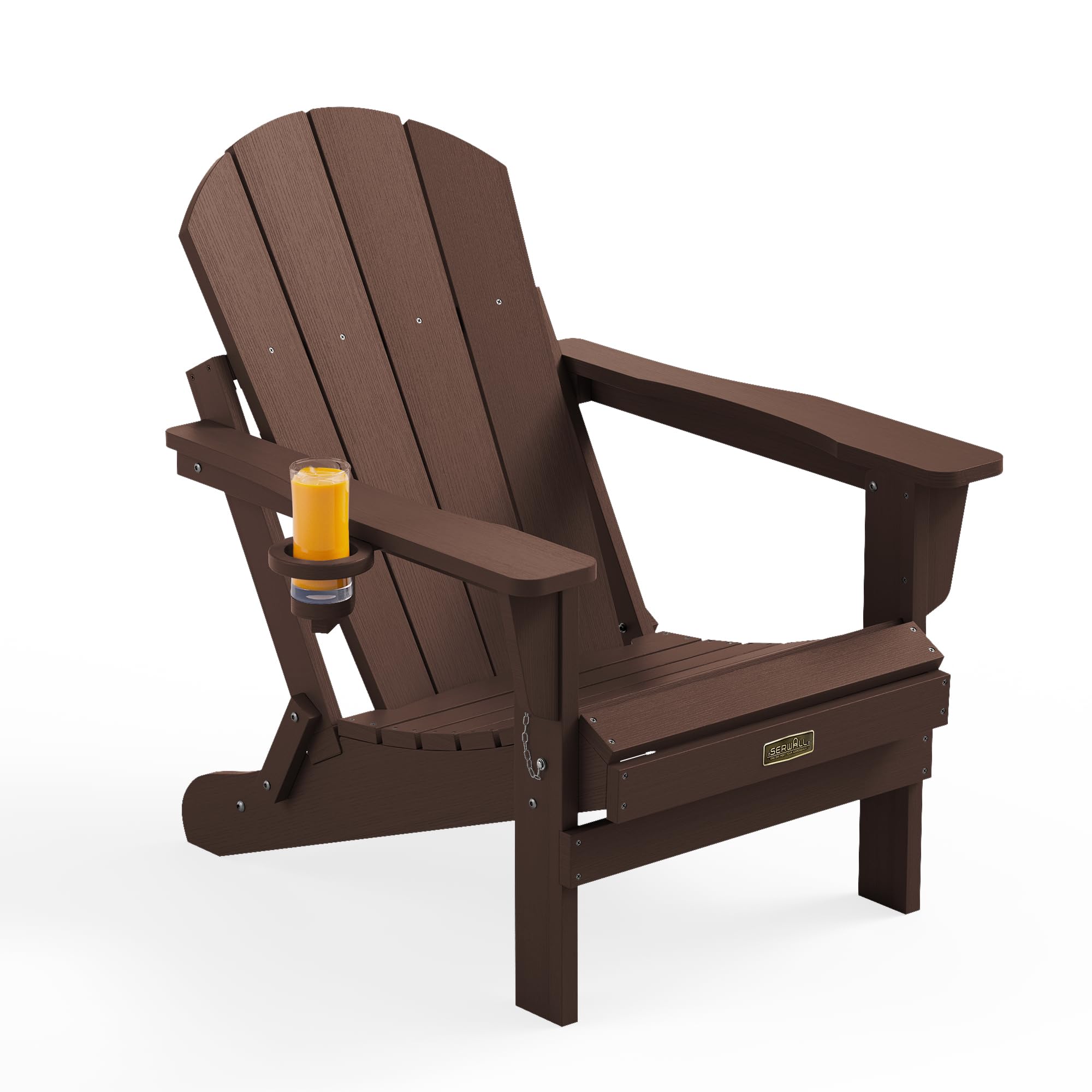 SERWALL Folding Adirondack Chair with Cup Holder, Patio Chairs- Coffee