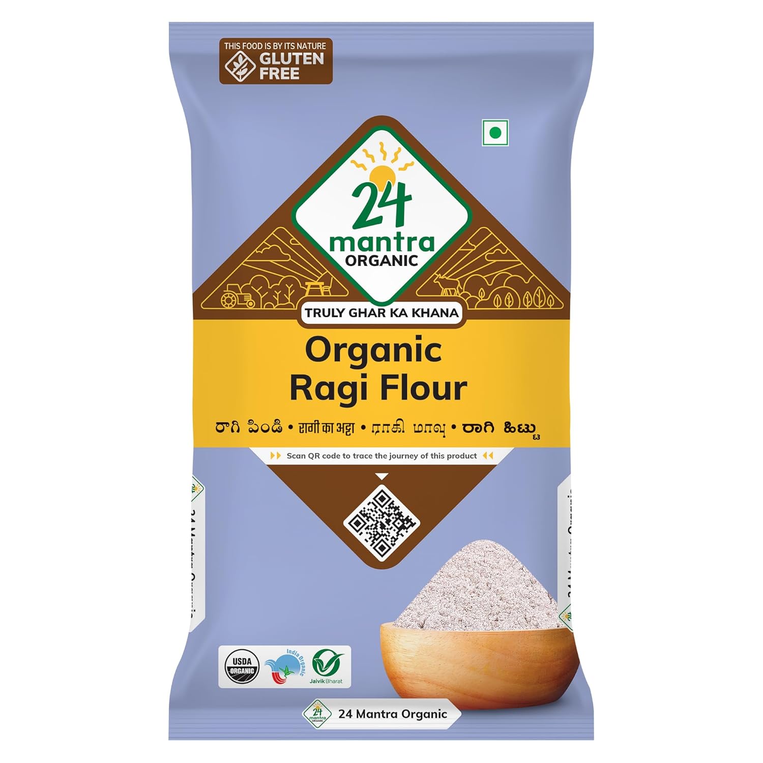 24 Mantra Organic Ragi Flour/Finger Millet/Nachni Flour – 500gms | Pack of 1 | Chemical Free & Pesticides Free | Naturally Gluten-free