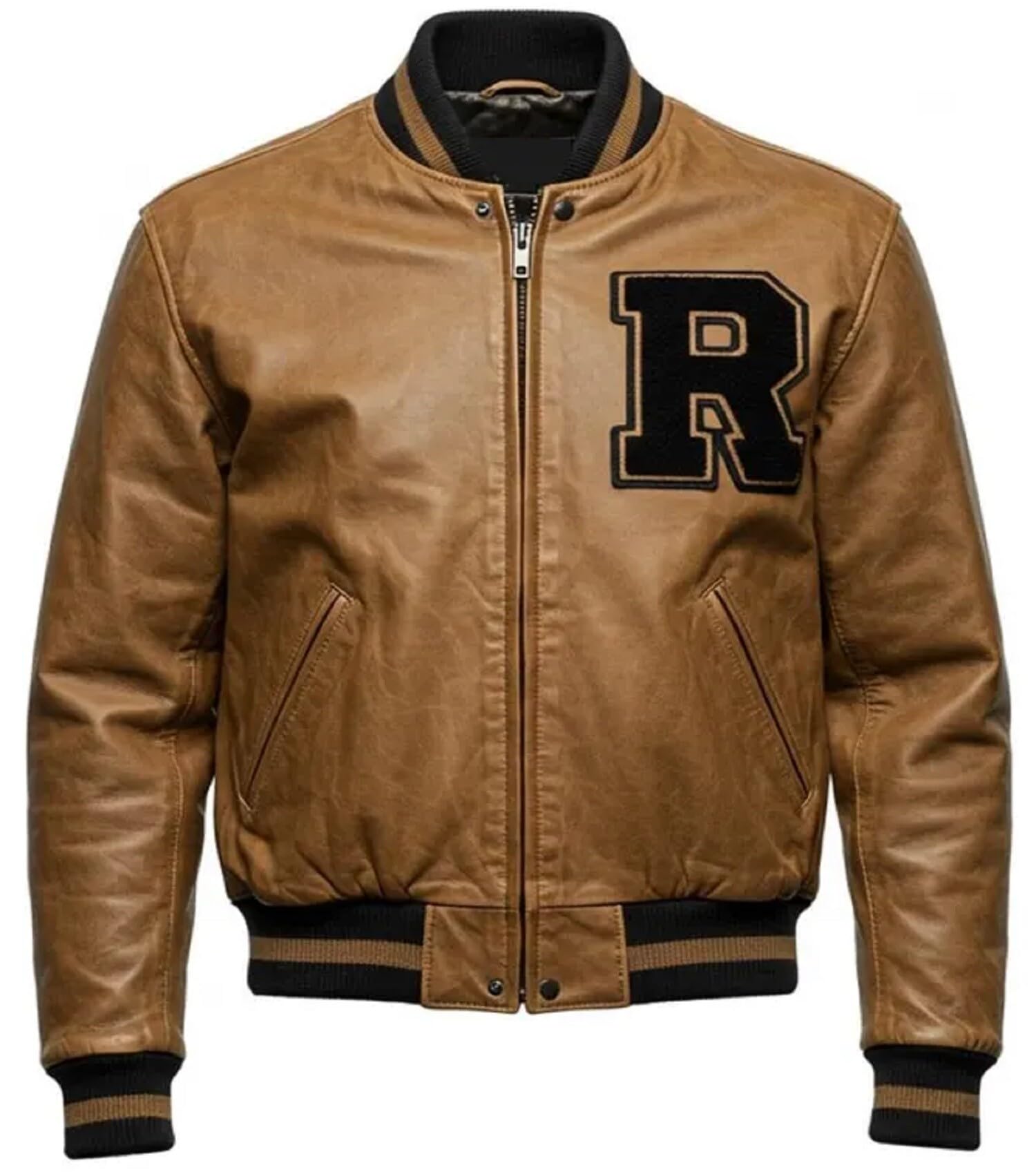 Chaqueta bomber universitaria de cuero marrón tostado para hombre, abrigo estilo Letterman de secundaria, chaqueta de motociclista con cremallera completa