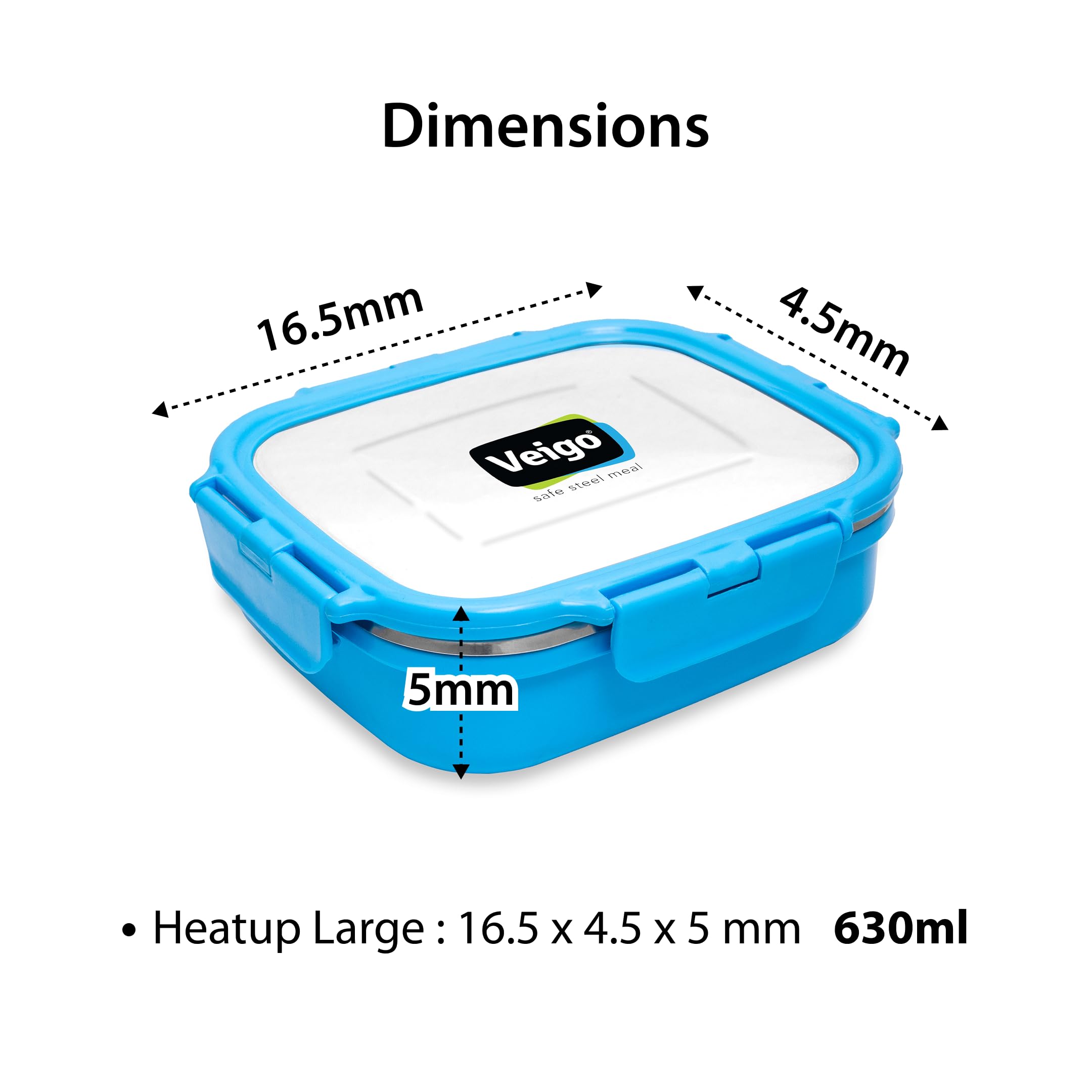 Veigo Stainless Steel Lunch Box, Rectangle Blue Container, Insulated & Leakage-Proof Tiffin (630ml), Microwave Safe, Ideal for Office & Kids 2
