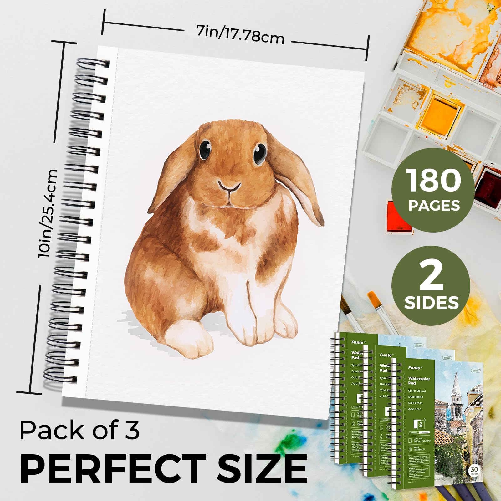 Funto Watercolor Pad 10x7, 3-Pack, 90 Sheets, 140 lb/300 GSM, Double-Sided, Cold Press, Spiral Bound, Heavyweight Paper for Watercolor Painting