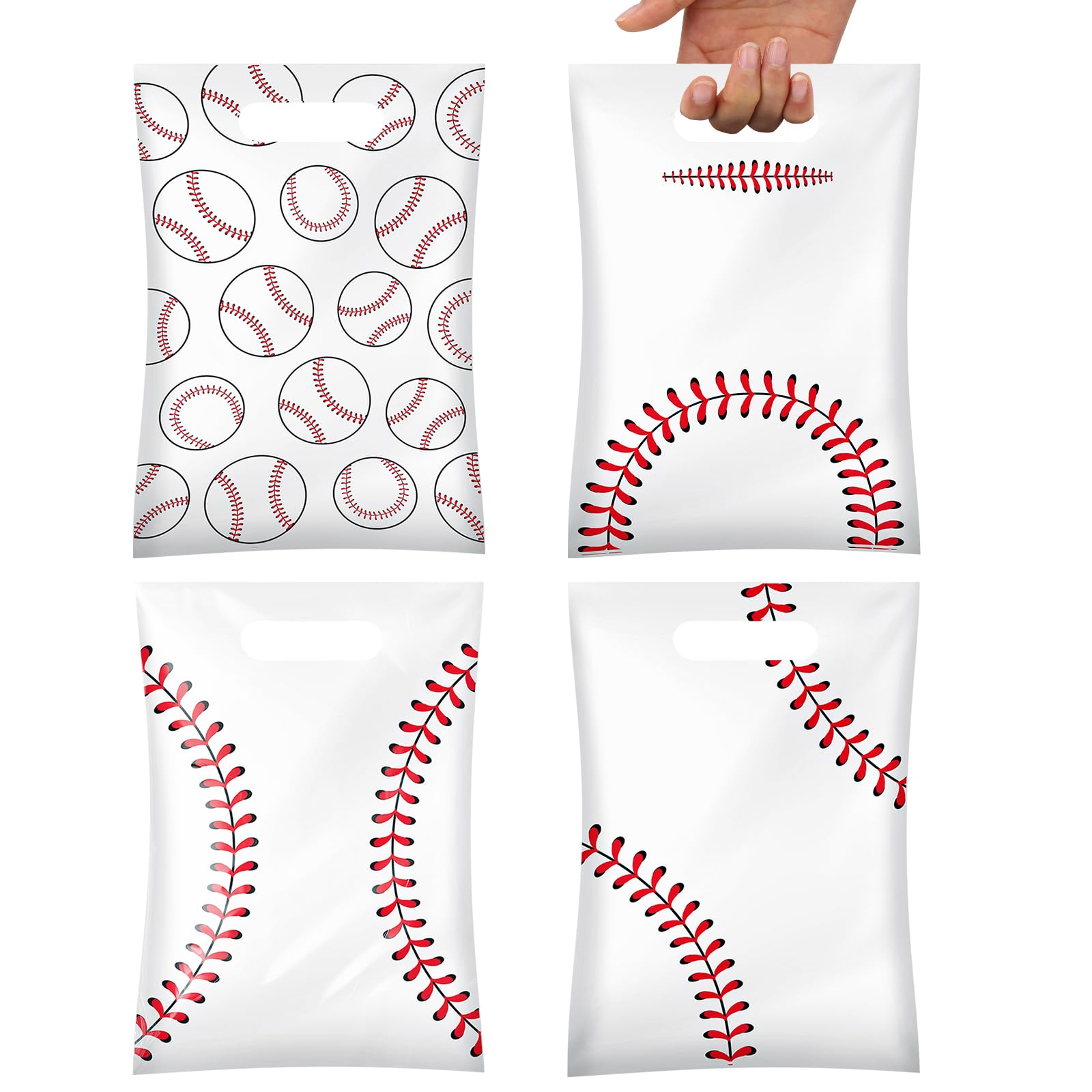 MOJIEZUO 100Pcs Baseball Gift Bags for Snacks with Handle, 4 Pattern Treat Bags Baseball Cellophane Bag Candy Party Favors for Sports Team Birthday