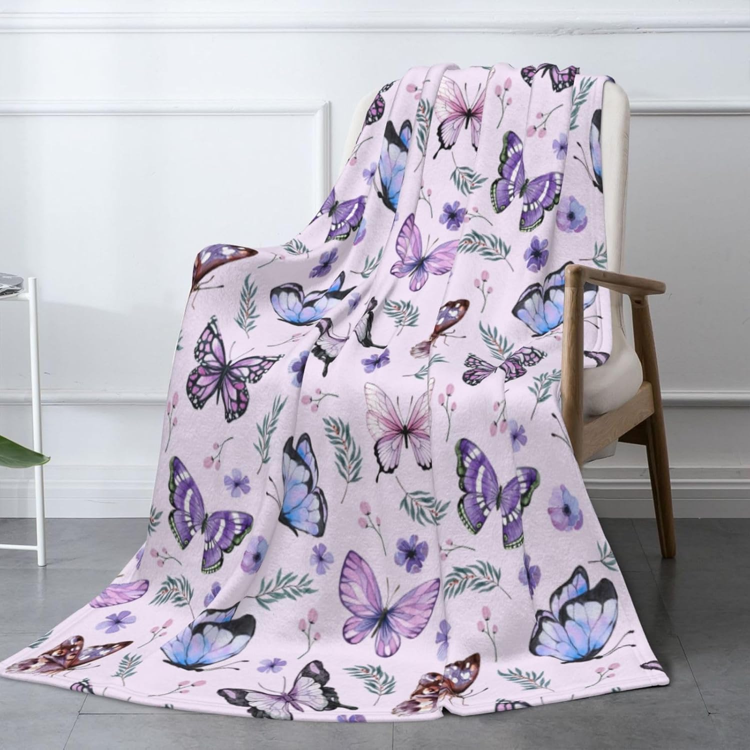 Butterflies Blanket Throw - Soft Warm Flannel Blanket for Women & Men, Lightweight Cozy Floral Blankets for Travel, Airplane, Bed, Couch, Car, Gifts Idea 50"x40"