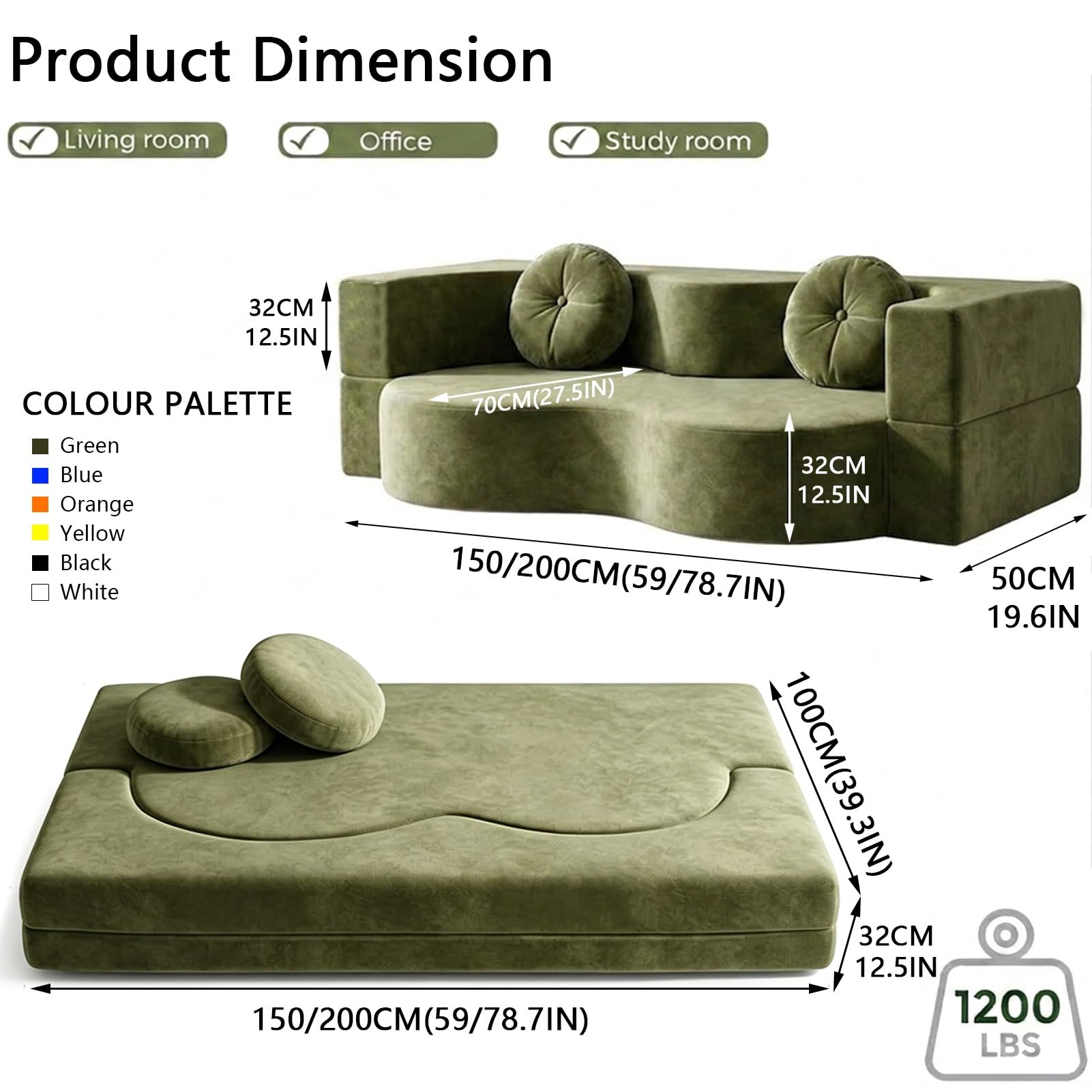 Divano Senza Osso, Divano-Letto Convertibile Per Sala, A Due Posti Compresso Spuma Ad Alta Densità, Tela Tessuta Rimuovibile, Nessun Assemblaggio, Con 2 Cuscini(Black,150x100CM)