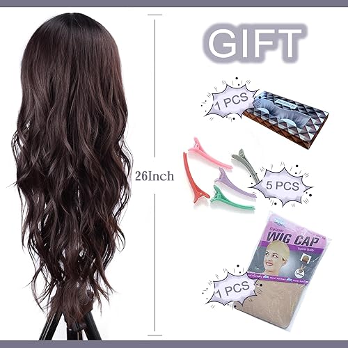 Miniatura 6 de Peluca larga ondulada con rubio mezclado con castaño para mujer, 26 pulgadas, raya en medio, peluca larga ondulada y rizada resistente al calor,