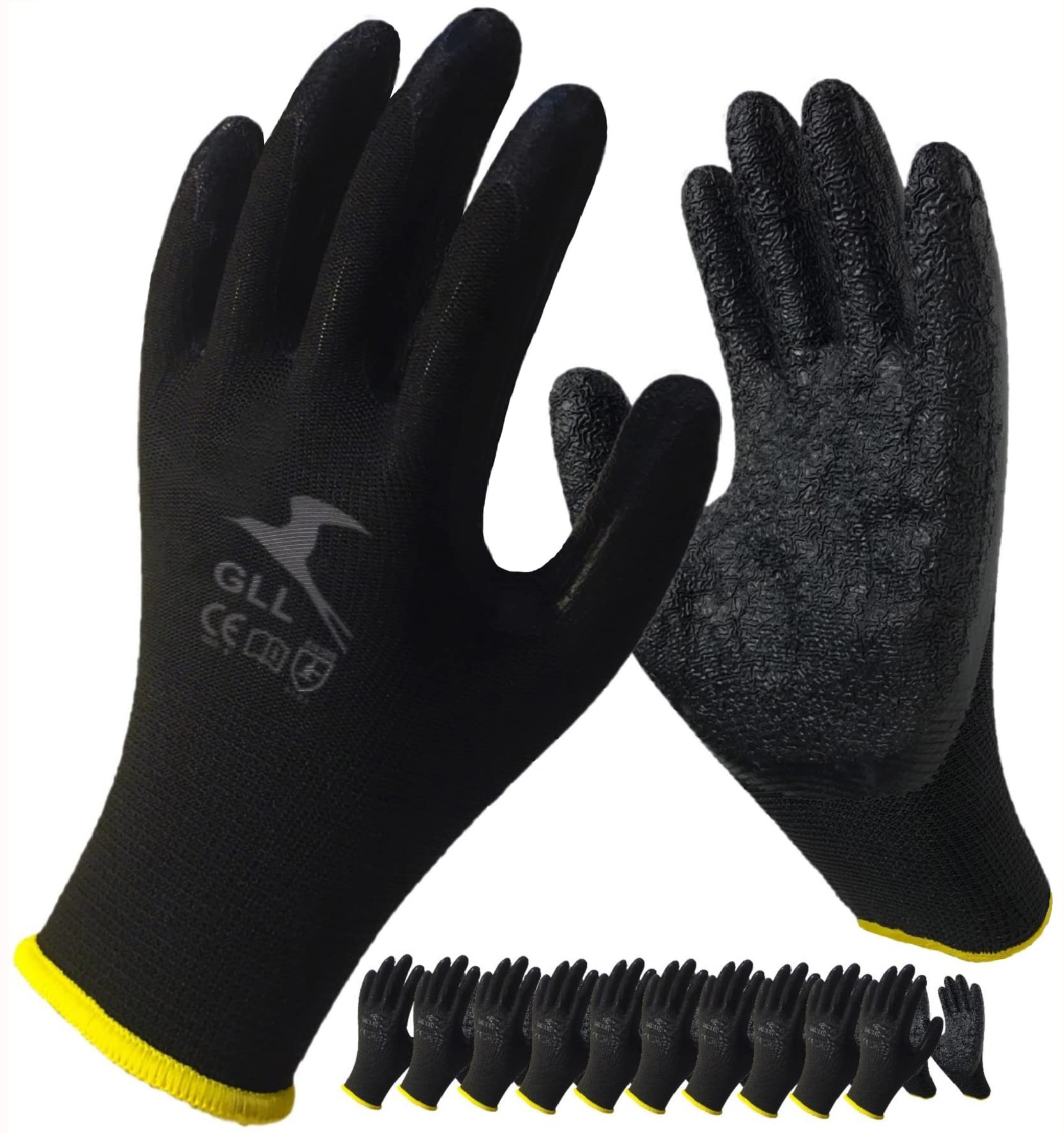 Guantes de trabajo para hombres y mujeres, guantes de seguridad recubiertos para el trabajo, paquete de 10 pares, revestimiento de goma de látex a base de agua con agarre firme (tamaño grande se