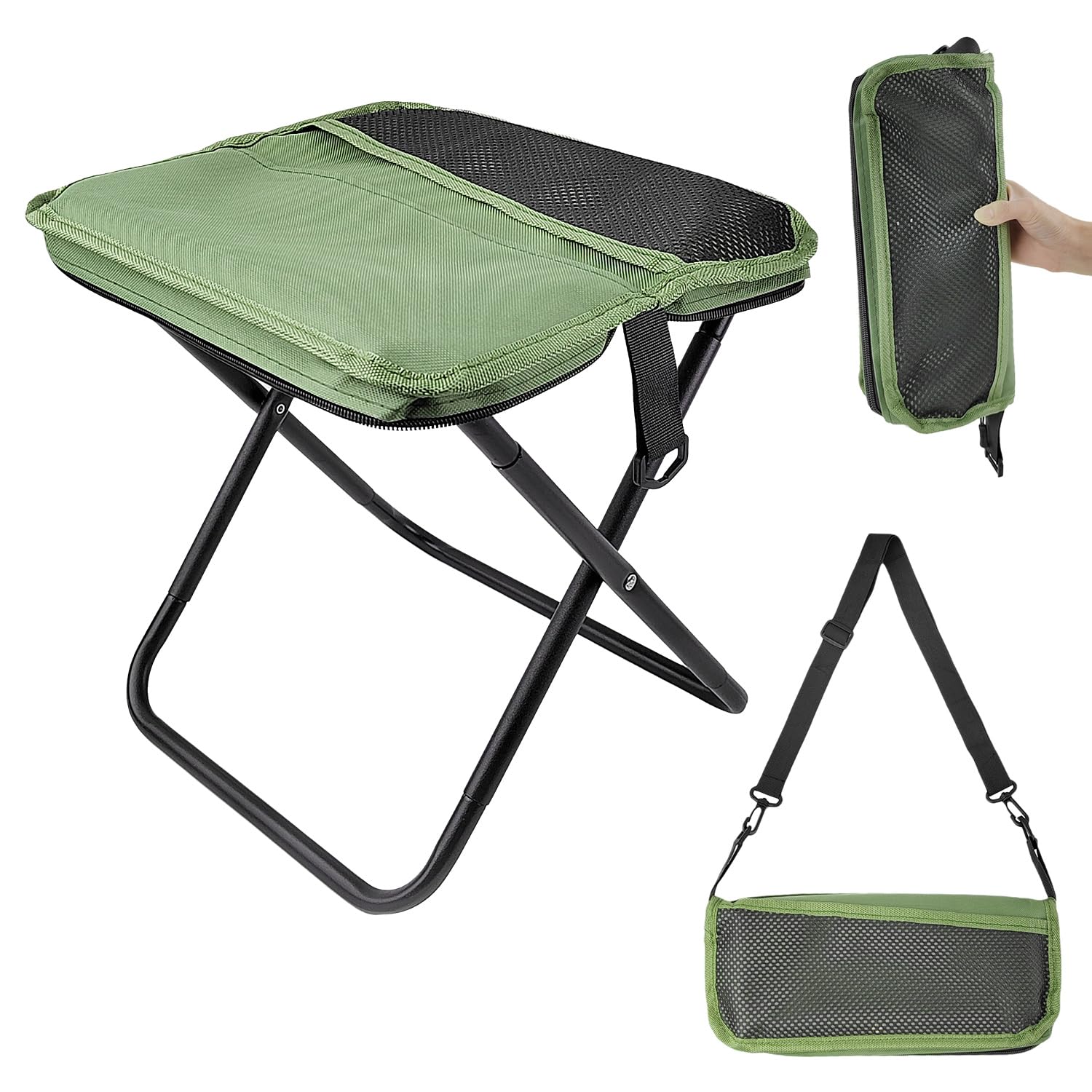 Taburete portátil para montañismo y senderismo, taburete plegable, taburete portátil, soporta hasta 150 kg, silla plegable para exteriores, con cremallera, para viajes, camping, pesca (verde)
