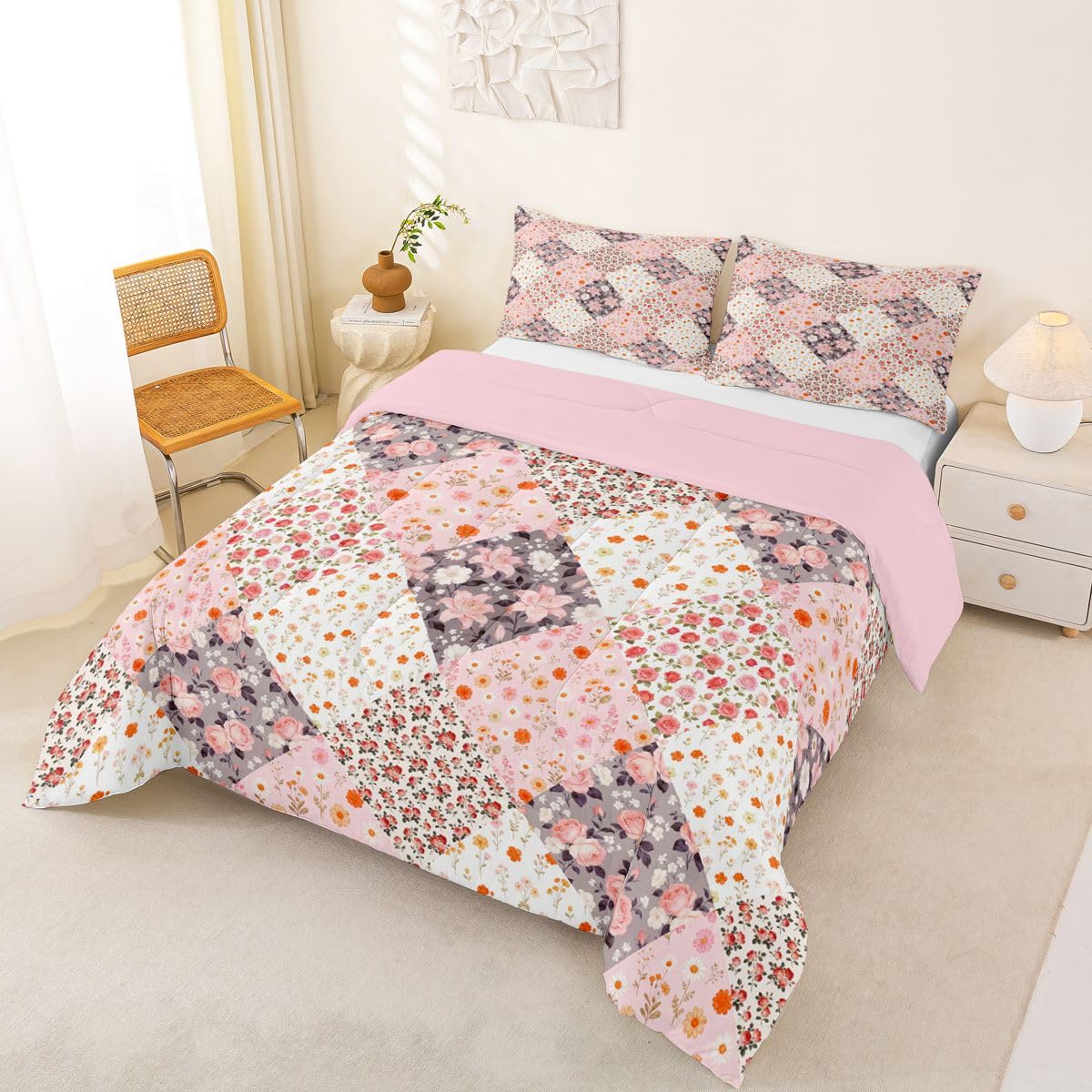 Homewish Zestaw pościeli w stylu boho podwójny, wiejski kwiatowy zestaw pościeli boho, wiejski kwiat, rustykalny zestaw kołdry, patchworkowa różowa stokrotka, poszewka na kołdrę z 2 poszewkami na