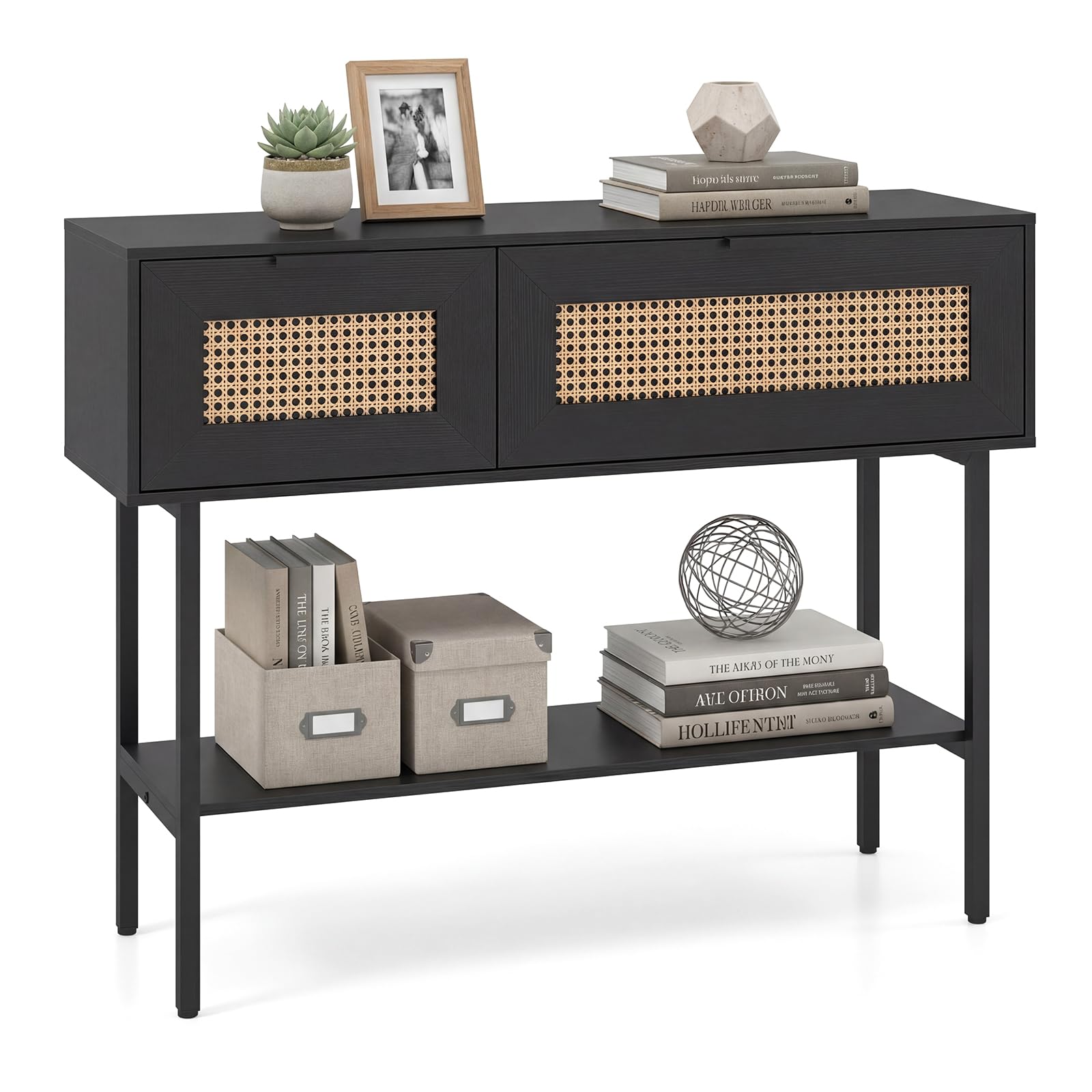 COSTWAY Rattan Console Table, Boho Slim Entryway Table with Flip Doors, Storage Compartments & Open Shelf, 100cm Metal Frame Narrow Behind Couch Sofa Tables for Hallway, Foyer, Living Room (Black)