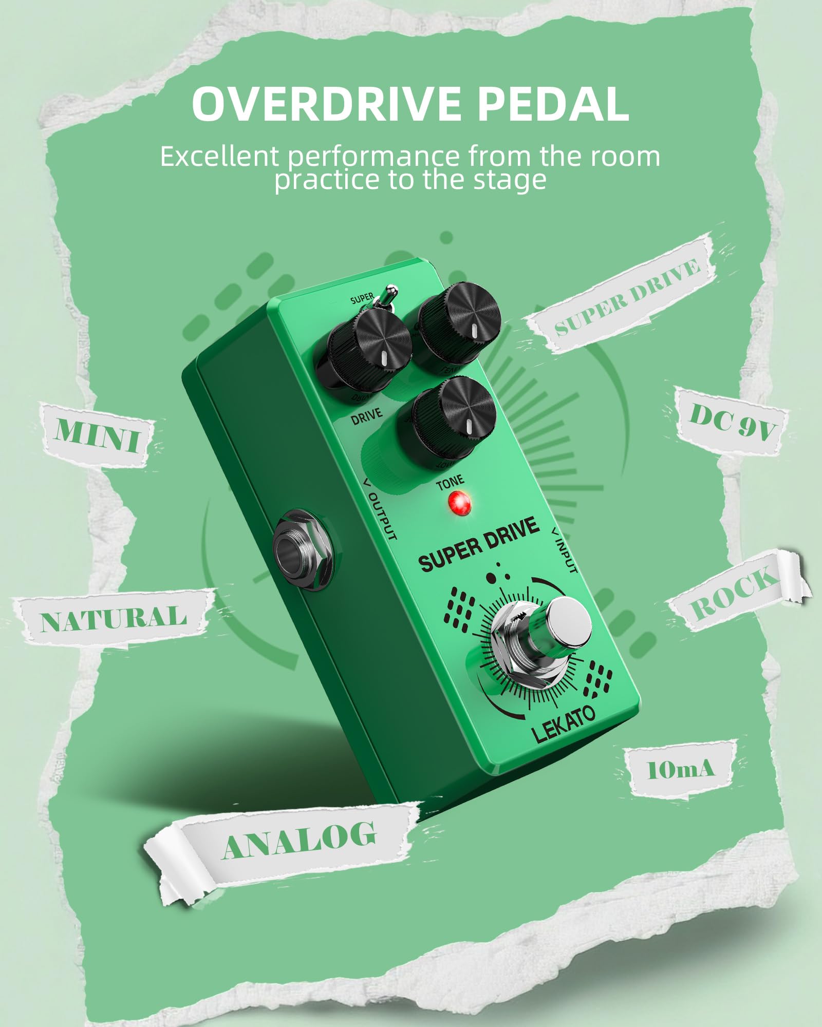 LEKATO Overdrive Pedale per chitarra, pedale Overdrive per chitarra elettrica con due modalità SUPER/NORM, mini pedale analogico, Truebypass, DC 9 V