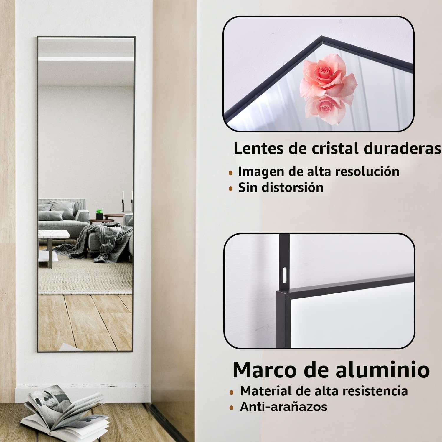 Koonmi Espejo de cuerpo entero, Espejo de pared de 41x127cm con 2 ganchos colgantes ajustables en altura, Espejo colgante con marco de aleación de aluminio para vestidor y dormitorio, Negro