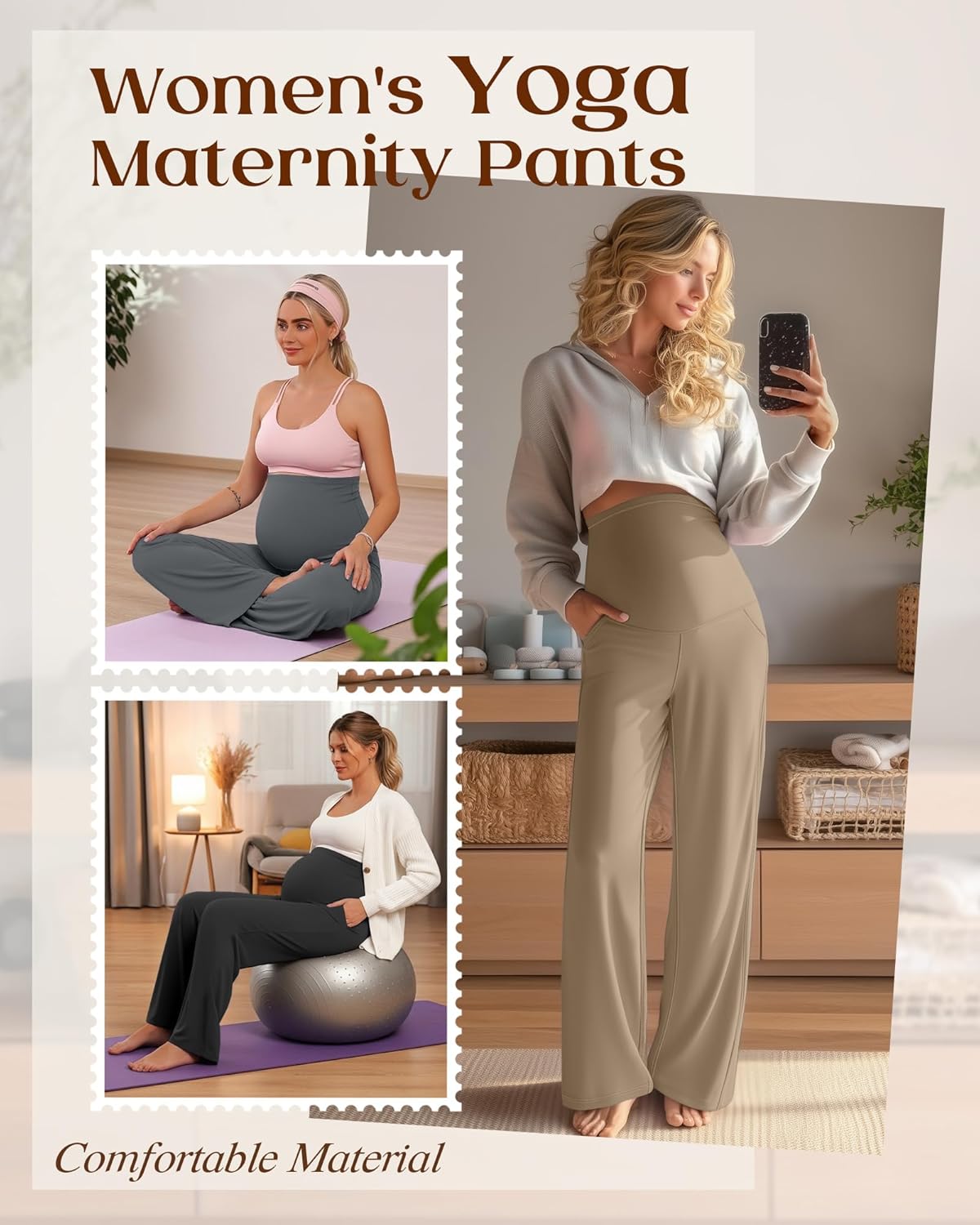 3 Pack Women's Maternity Yoga Pants Over The Belly Pregnancy Pants Wide Leg Lounge Trousers with Pockets - Image 3
