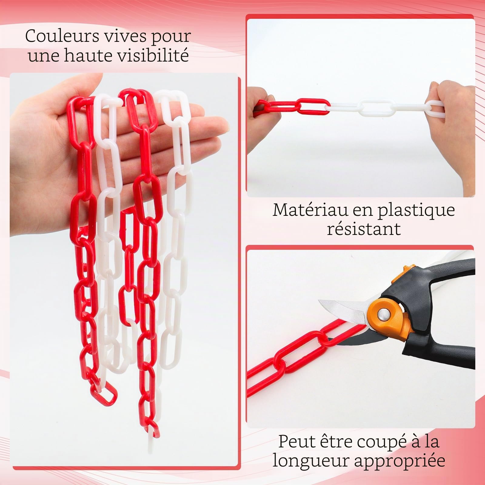 Chaîne Plastique Rouge et Blanche 25m, 6mm Chaine de Barrage Avec 4 Crochets en S, Chaine de Signalisation Pour Chantiers, Parkings et Lieux d’événements