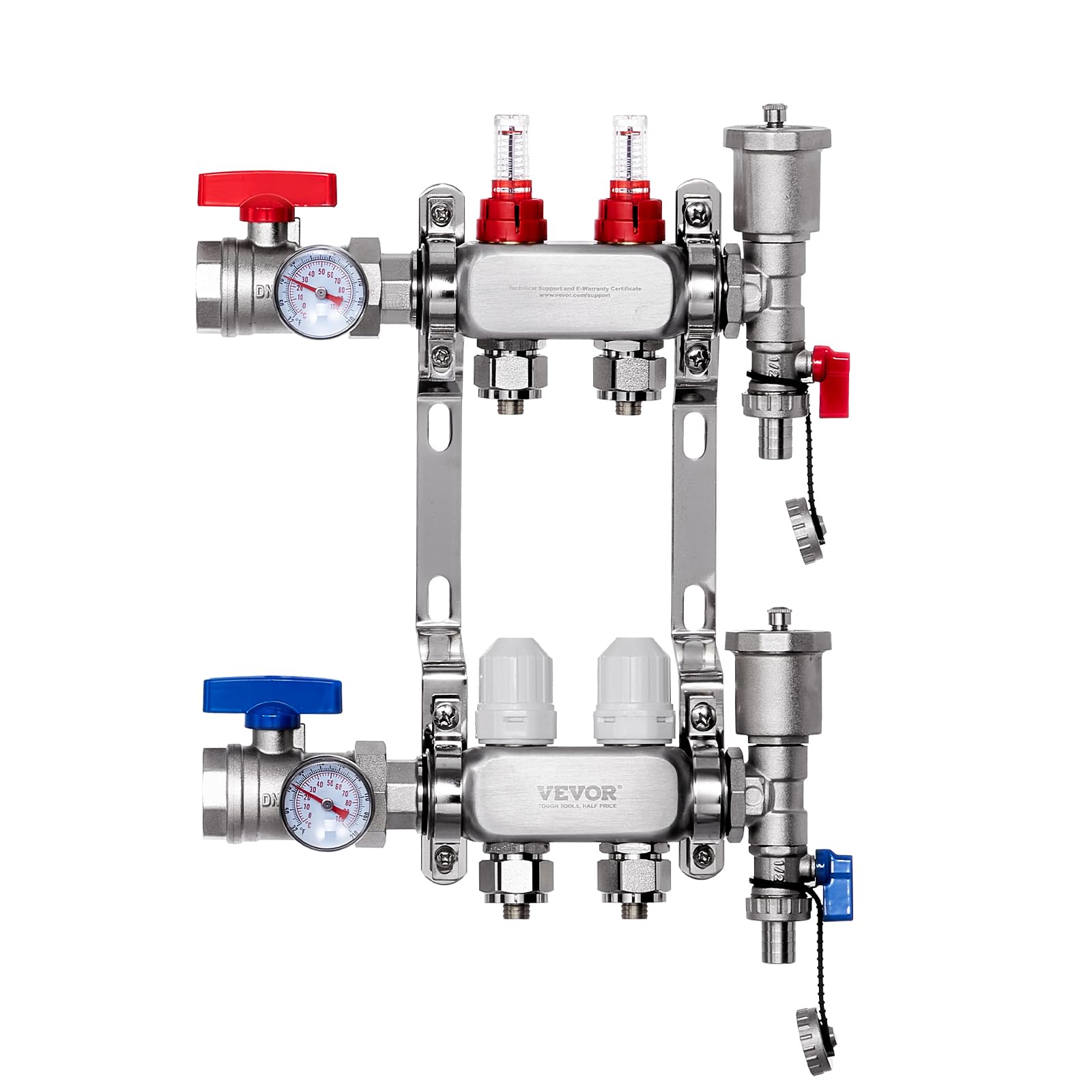 VEVOR 2-gałęziowy kolektor grzewczy do rur PEX 12,7 mm ze stali nierdzewnej PEX, z adapterami 12,7 mm, do hydronicznej podłogi promiennej, zestaw kolektora PEX