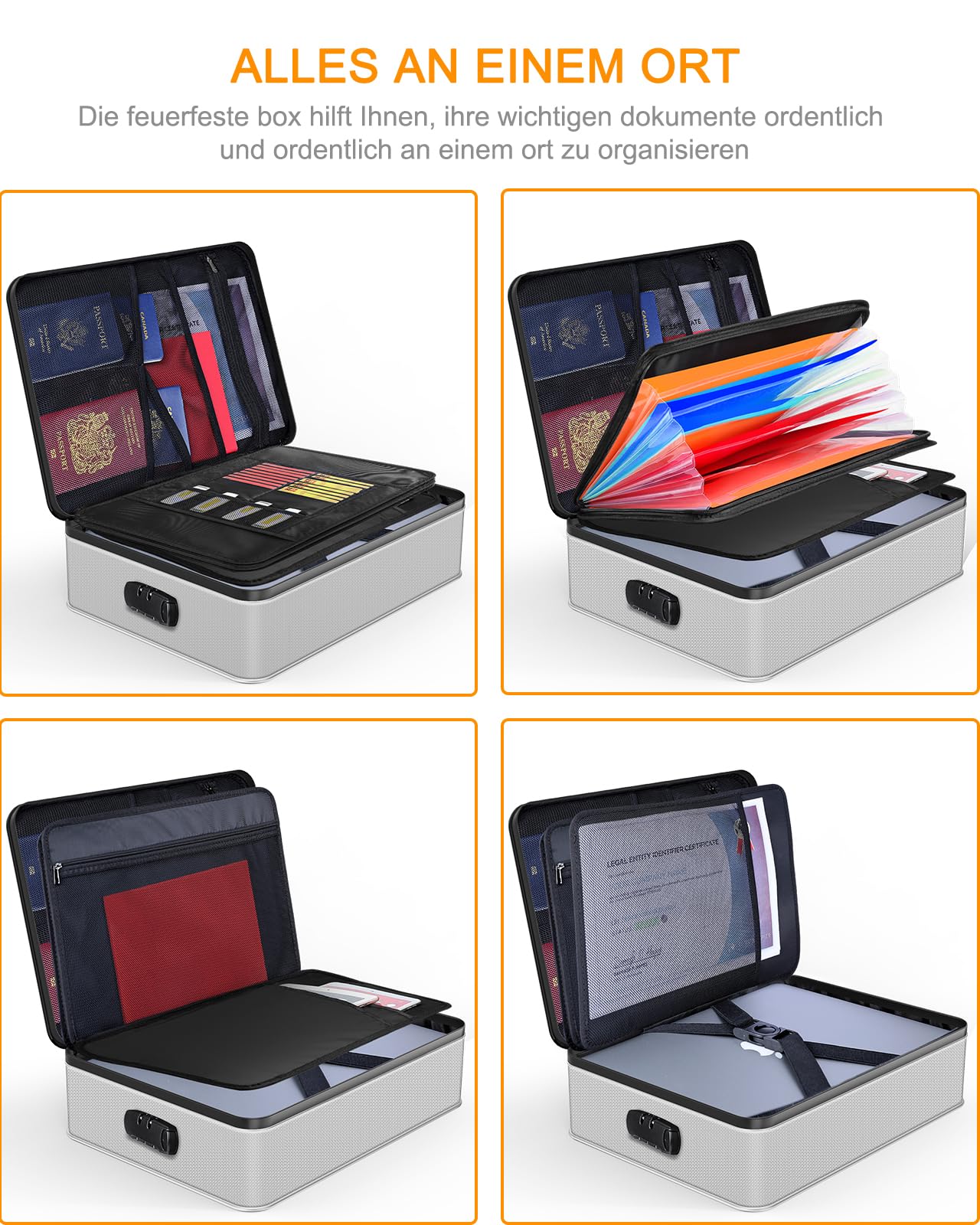 JUNDUN Organizador de documentos, resistente al fuego con cerradura, caja de almacenamiento de documentos con 7 compartimentos, organizador de archivos, maletín portátil para documentos importantes,