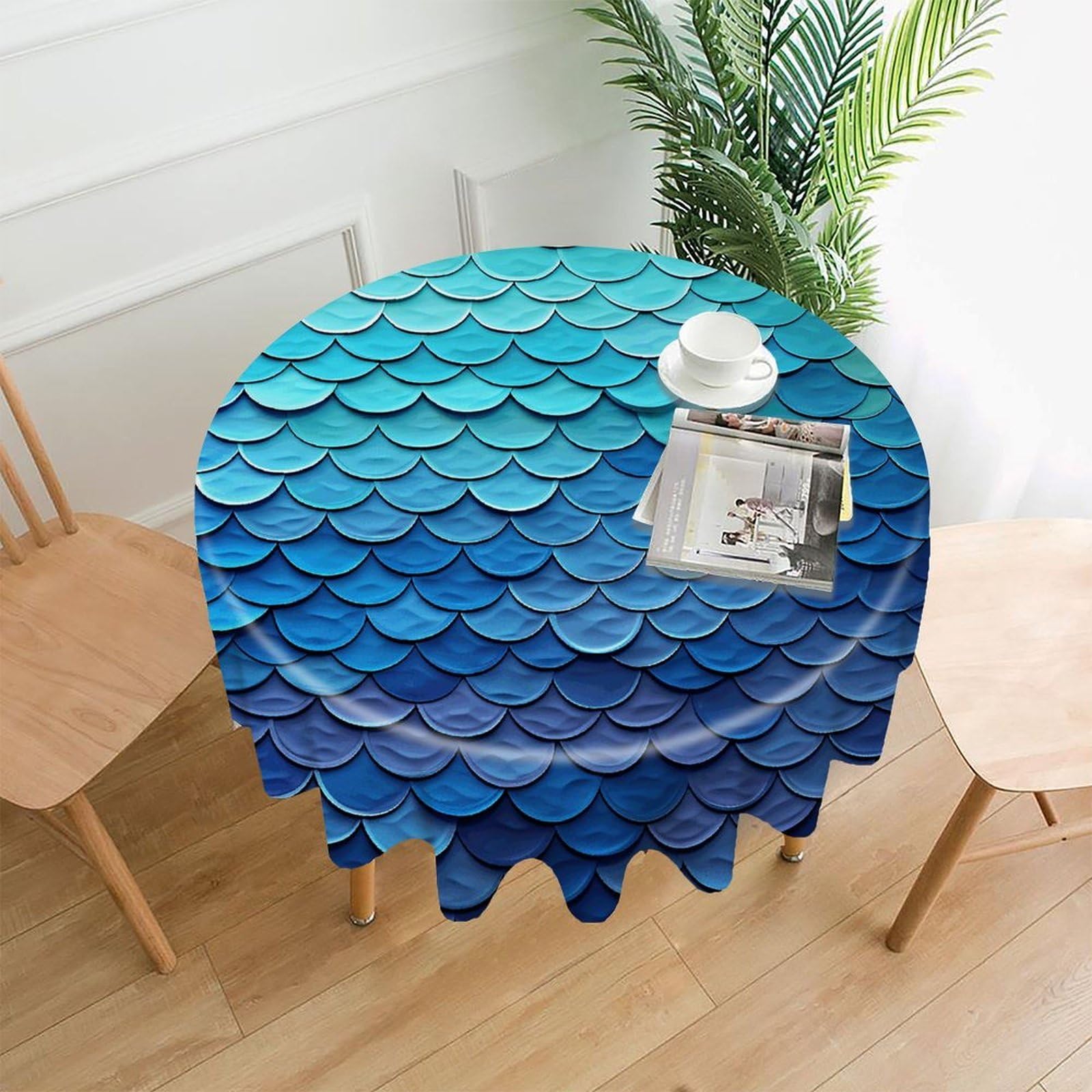 VstaDank Ocean Sea Blue Mermaid Fish Scale Tablecloth Easy to Clean Polyester Round Table Cover Washable Round Table Cloth Wrinkle-Free Circle Decoration Tablecloth for Kitchen Dining Room 60"